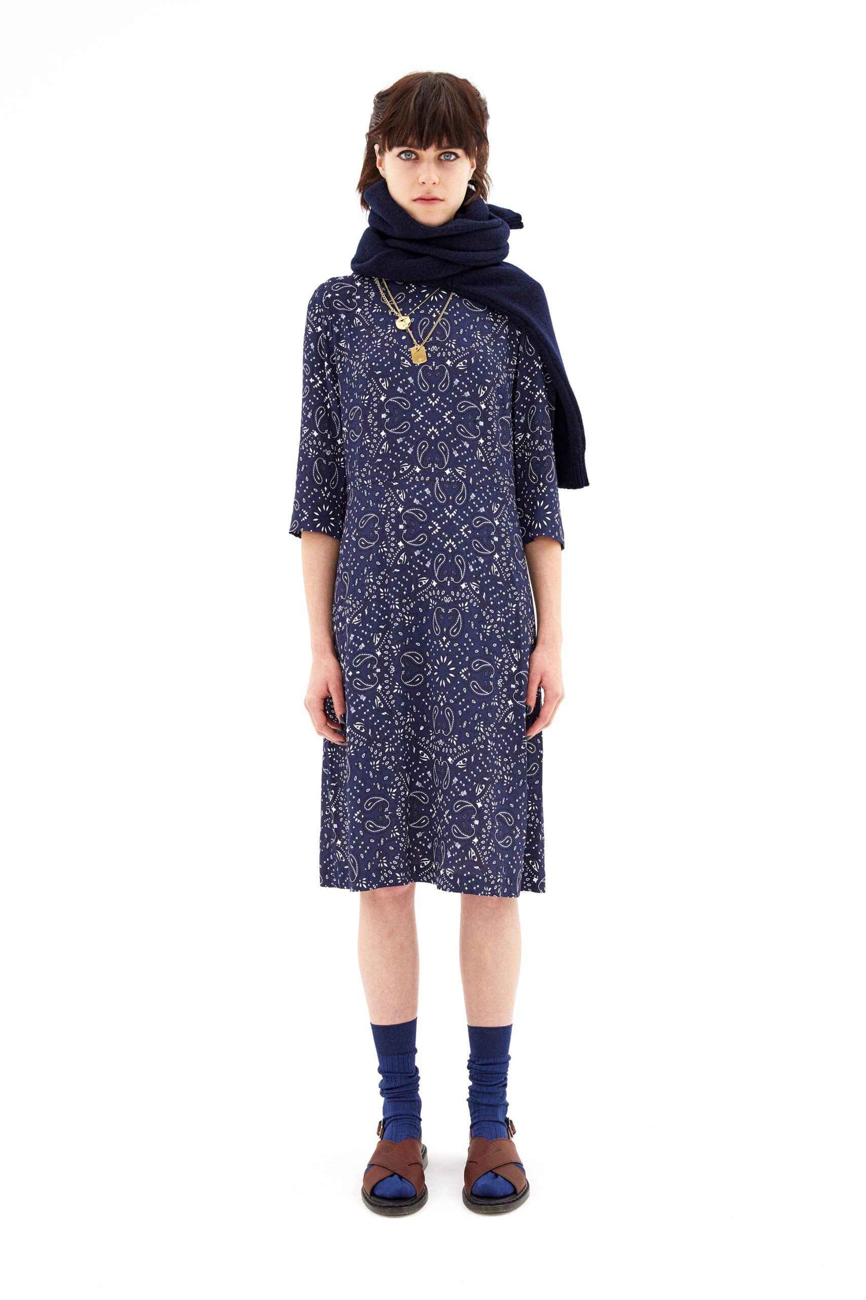 blue printed midi dress with scarf