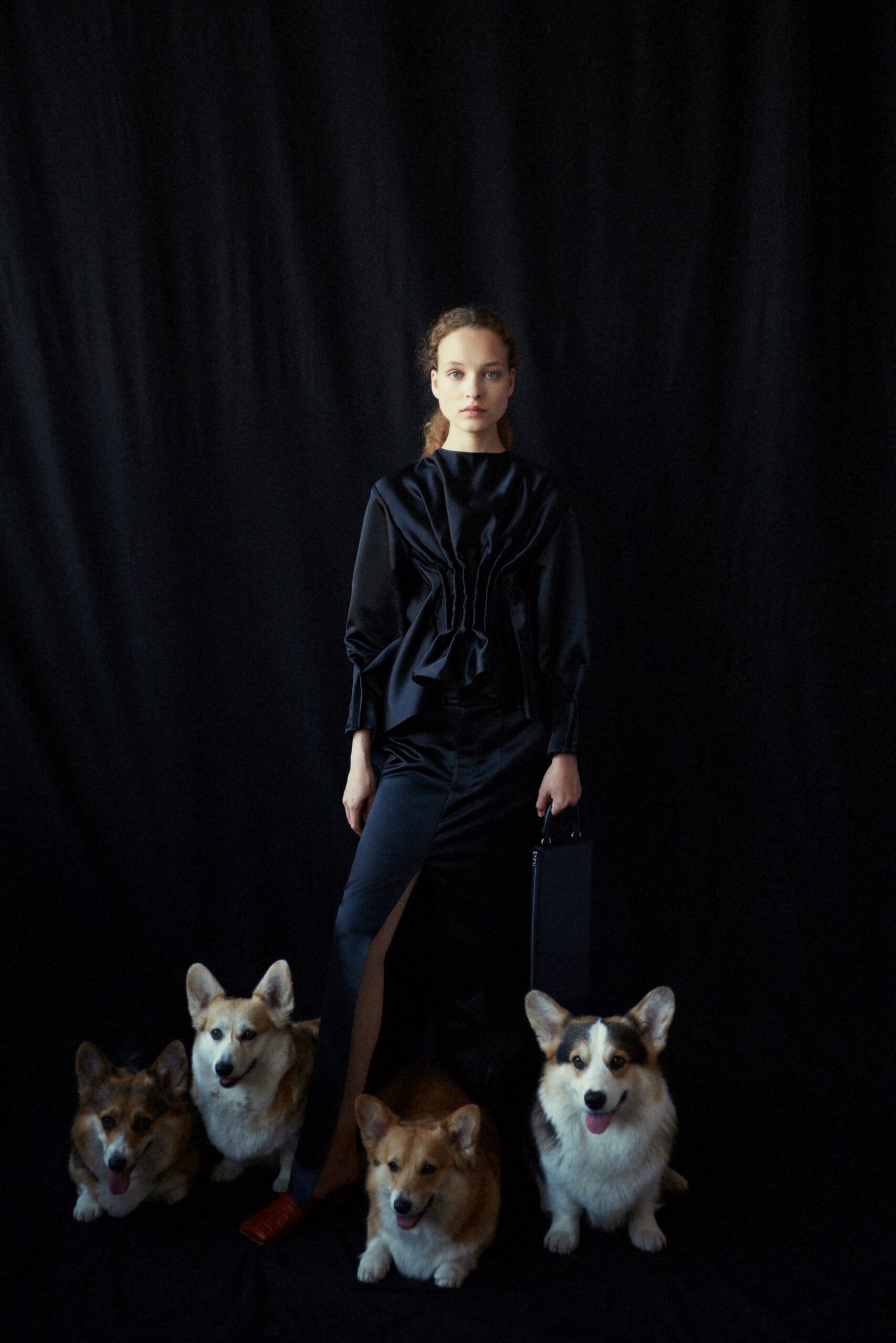 black silk fitted blouse and pants