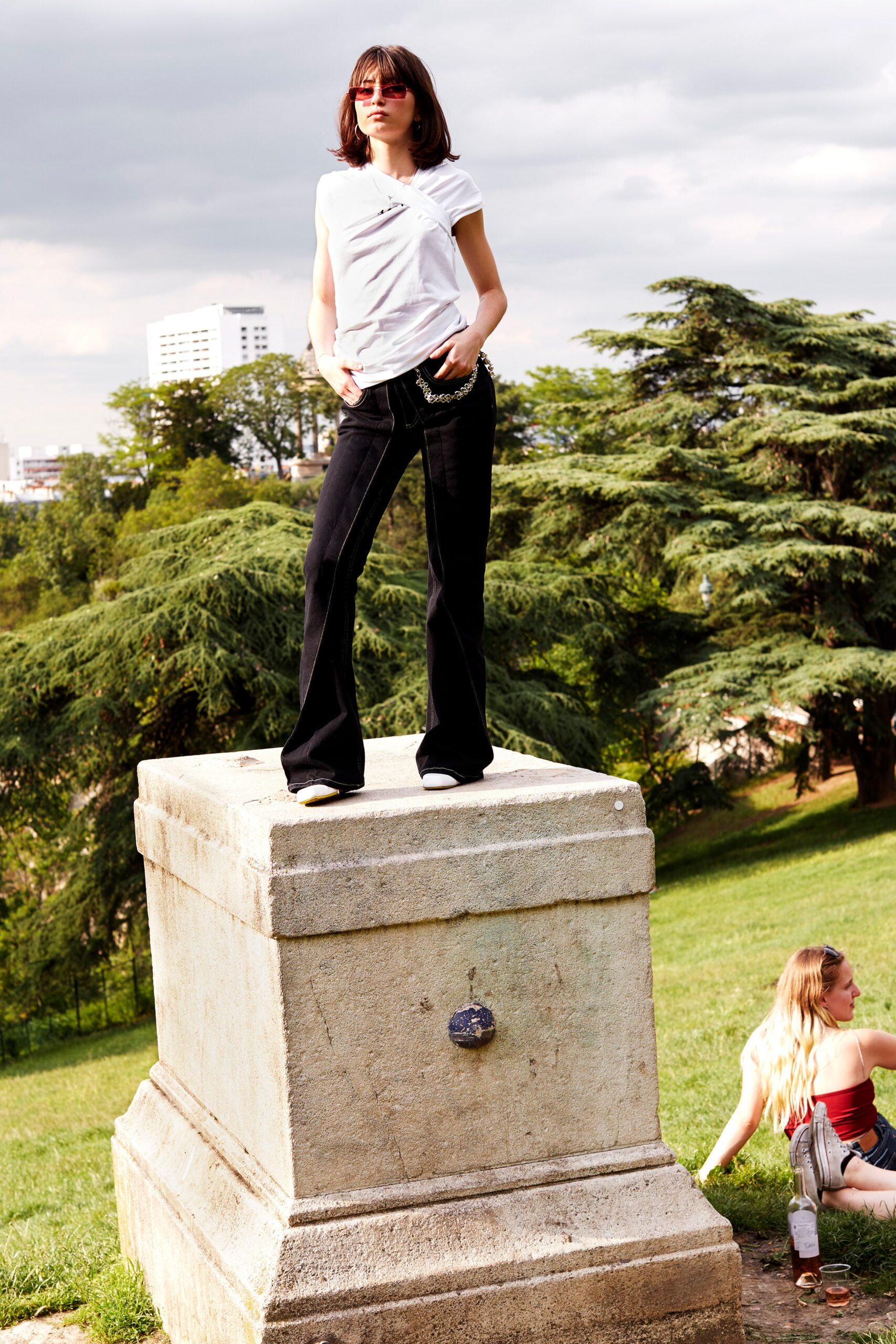 fitted white t-shirt and black pants