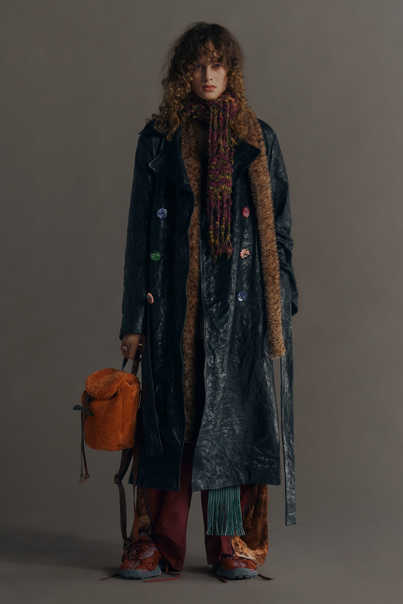 black leather coat with multi scarf