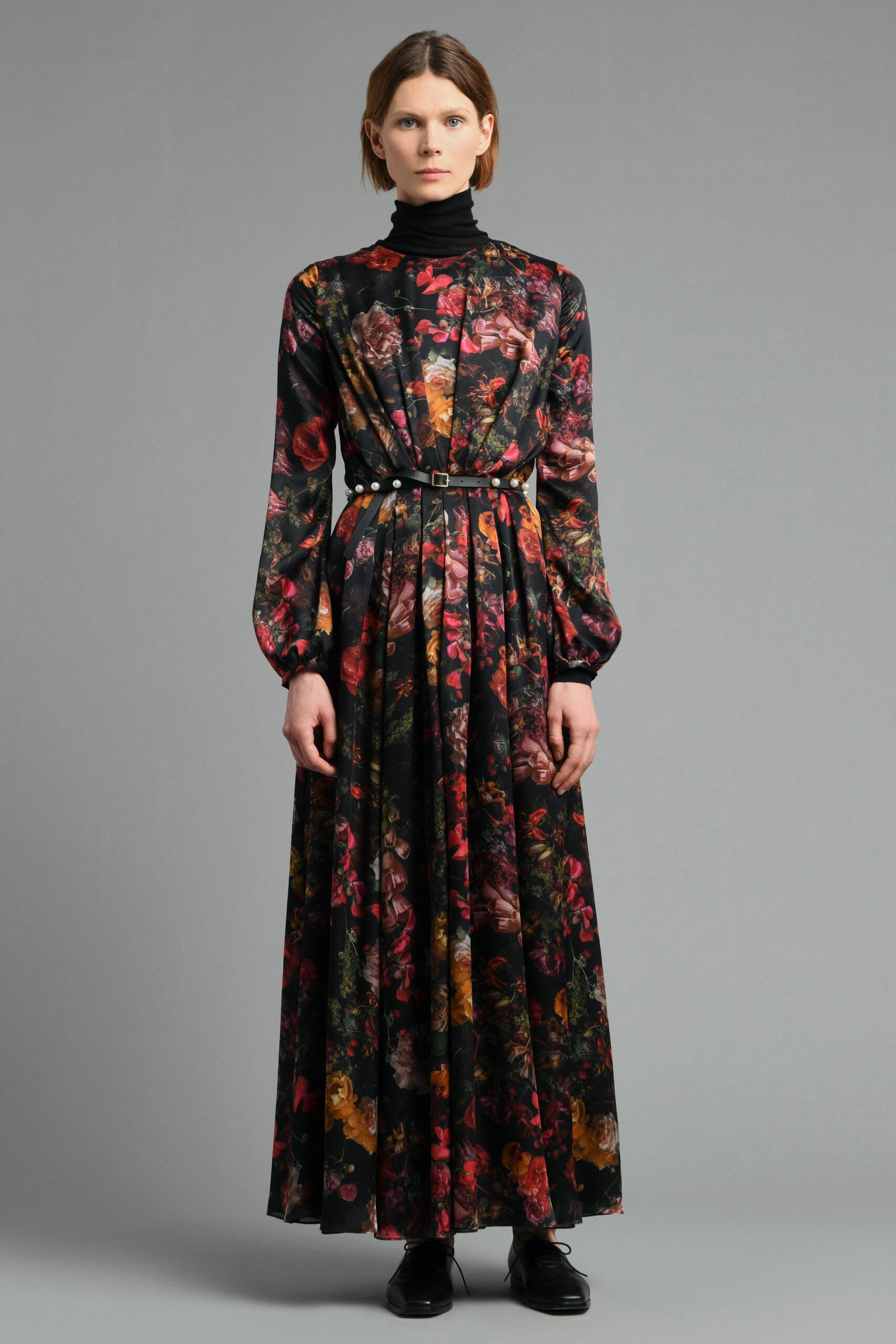 floral black silk maxi dress