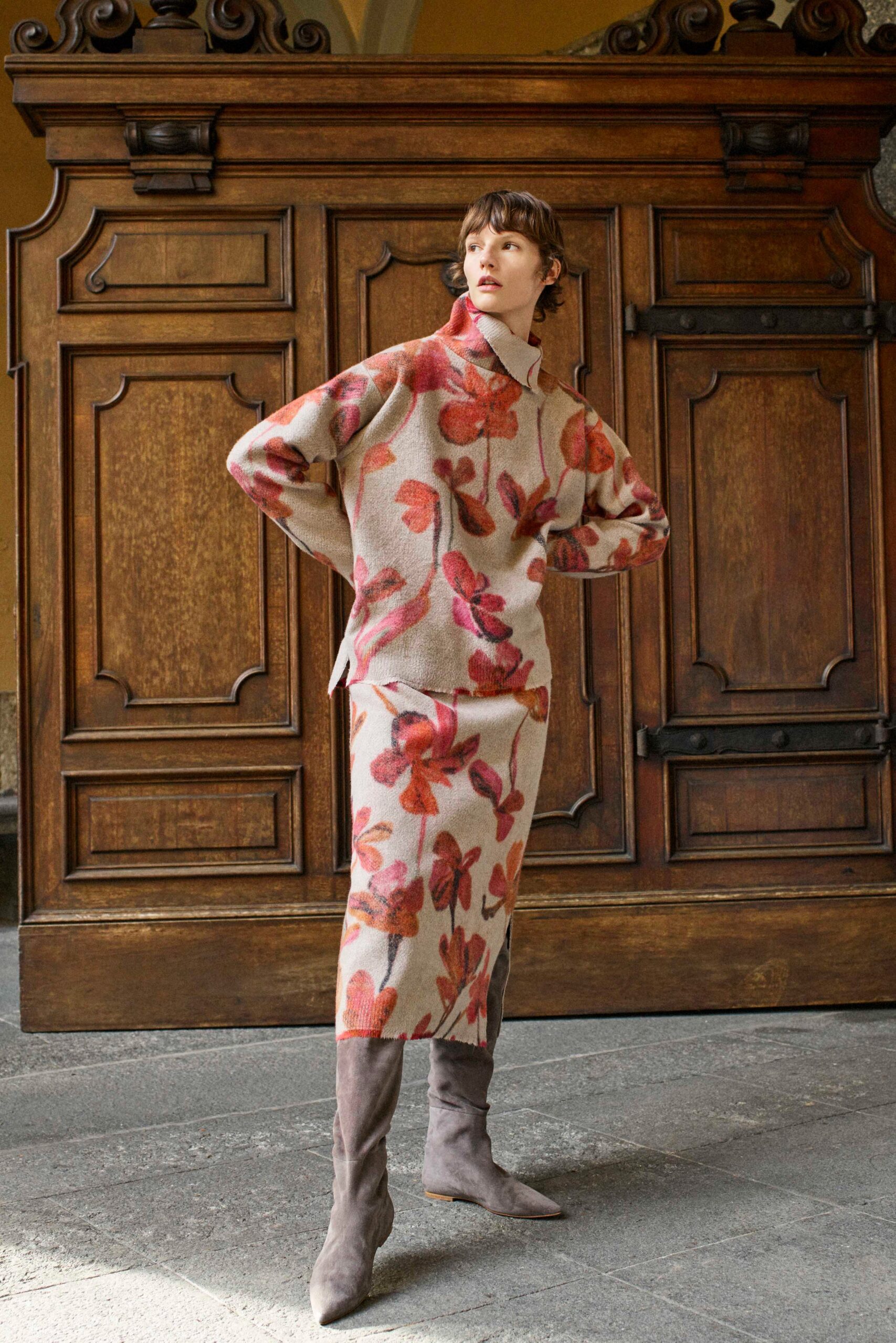 beige wool long-sleeve collared relaxed printed top