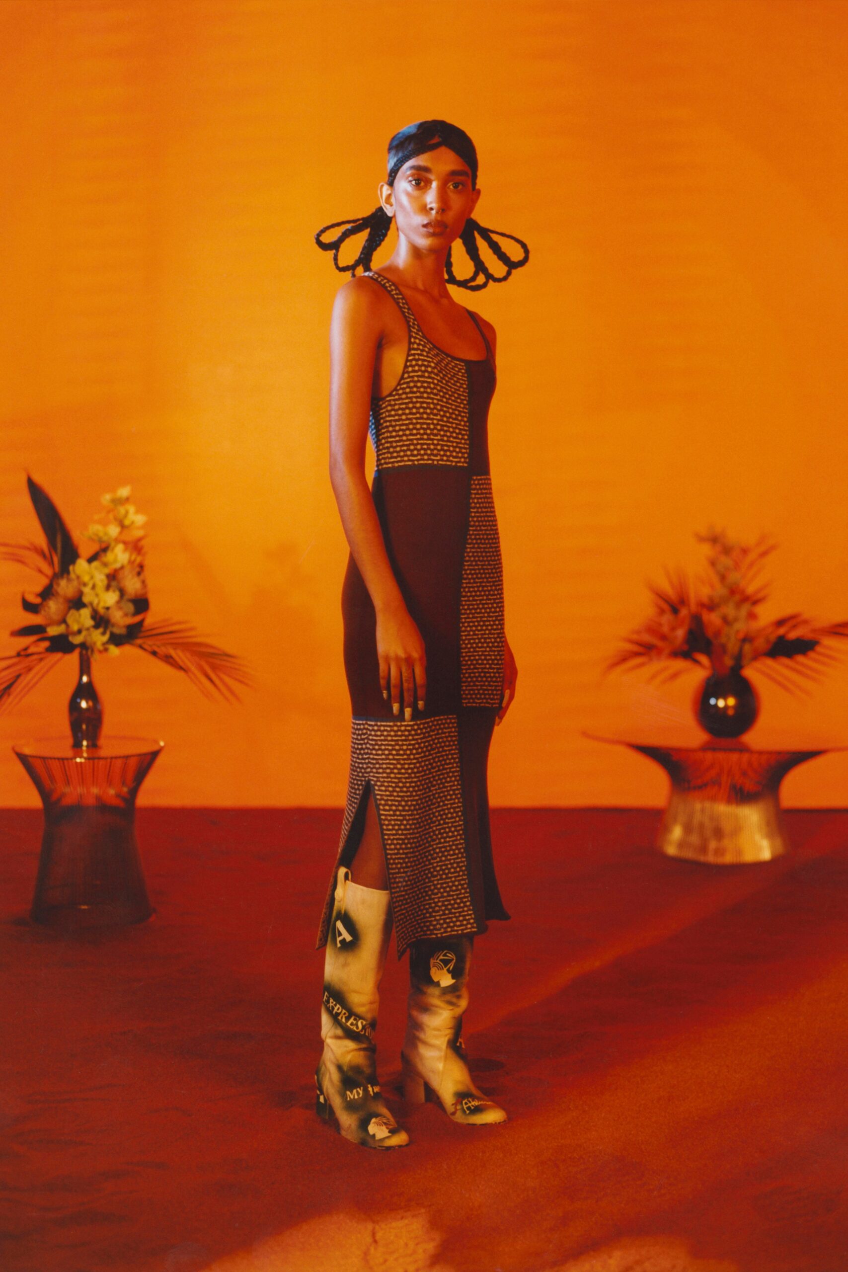 brown and black fitted midi dress