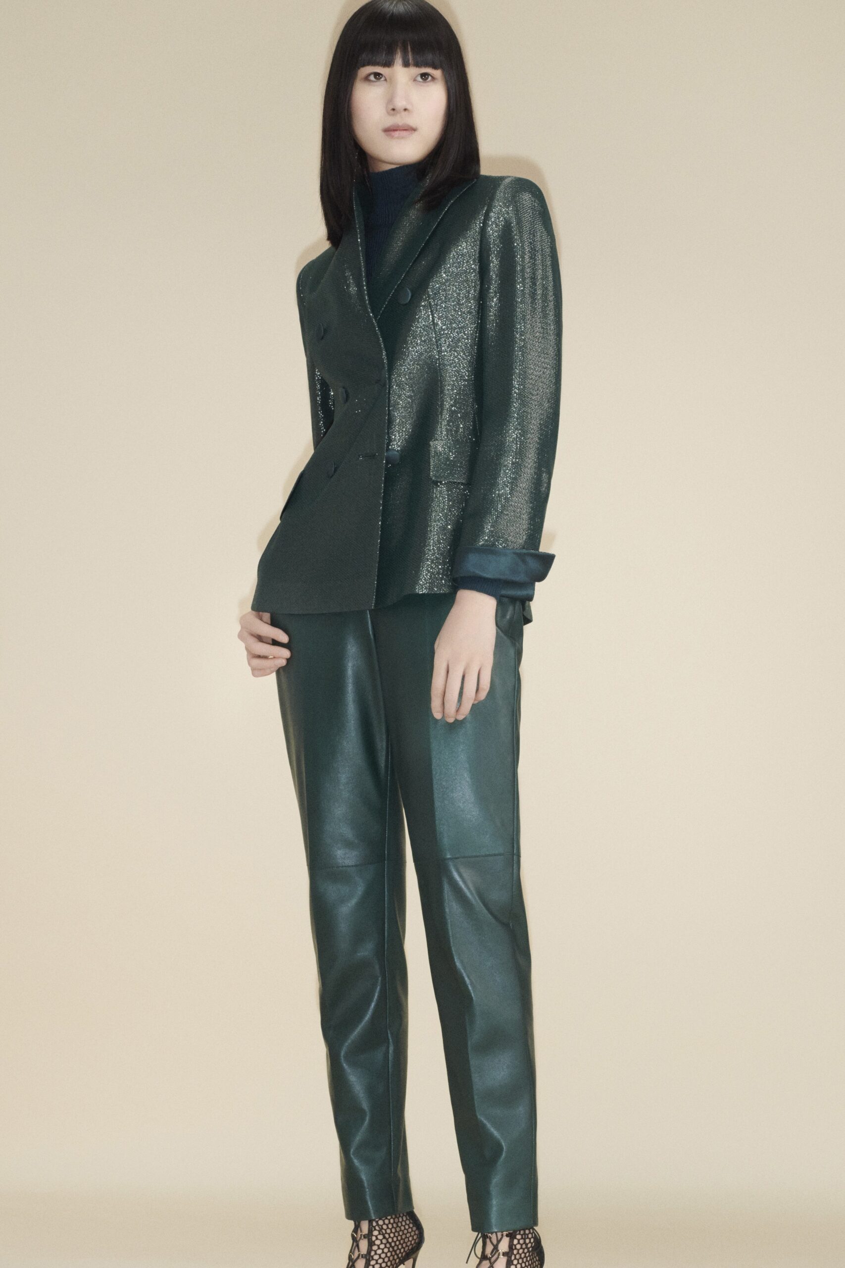 green metallic long-sleeve collared tailored buttoned shiny blazer