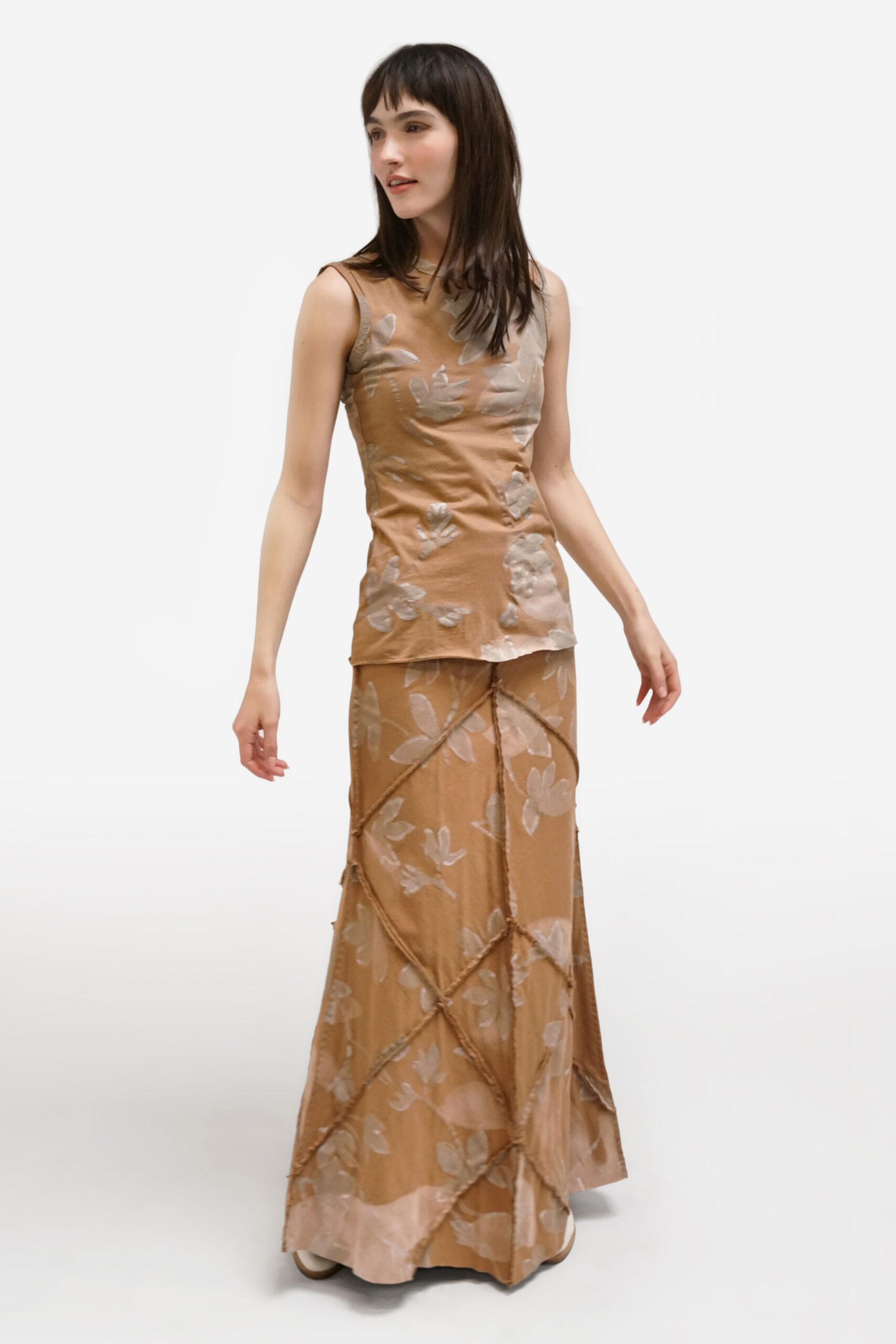 beige silk sleeveless dress