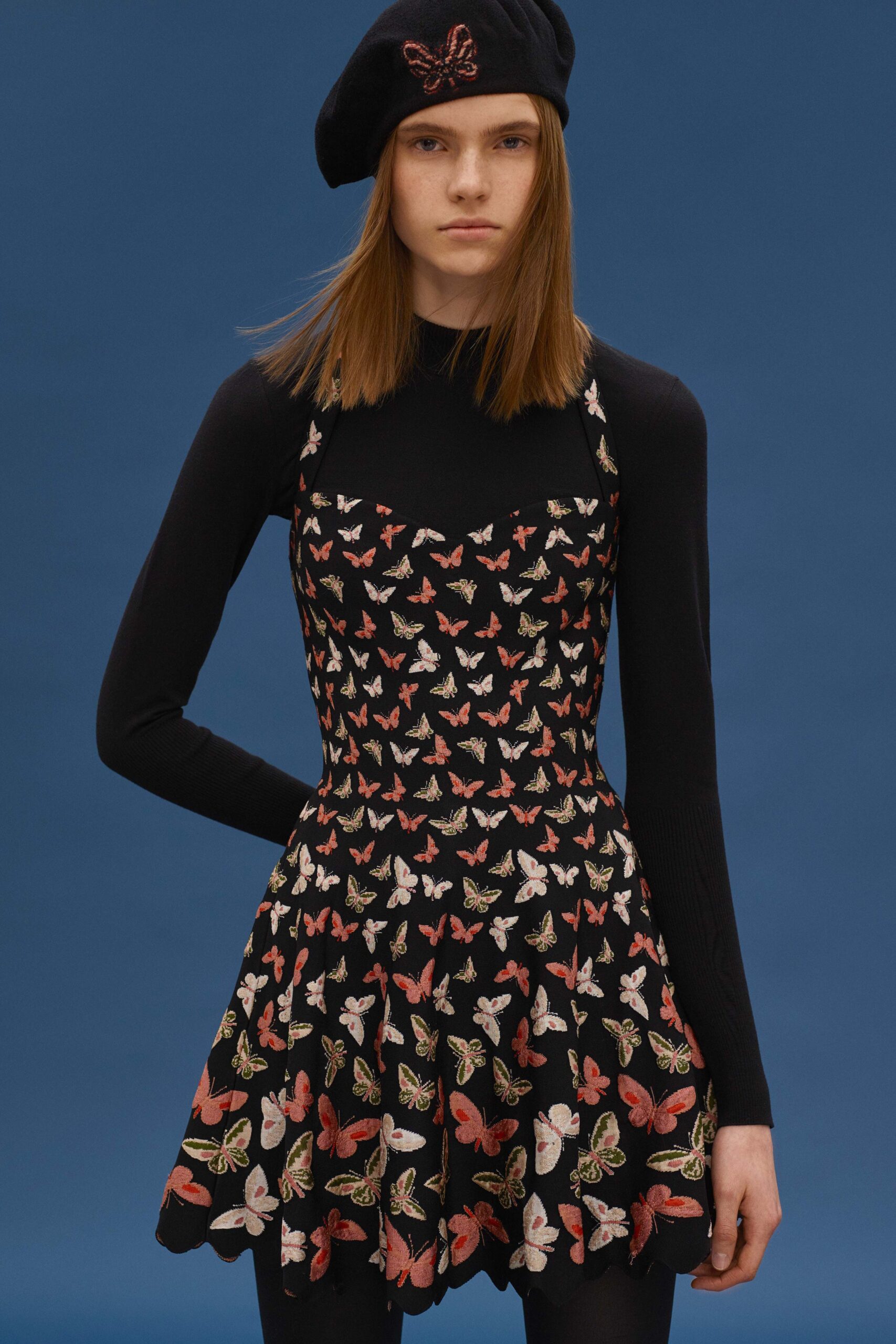 black cotton sleeveless square-neck fitted printed a-line dress