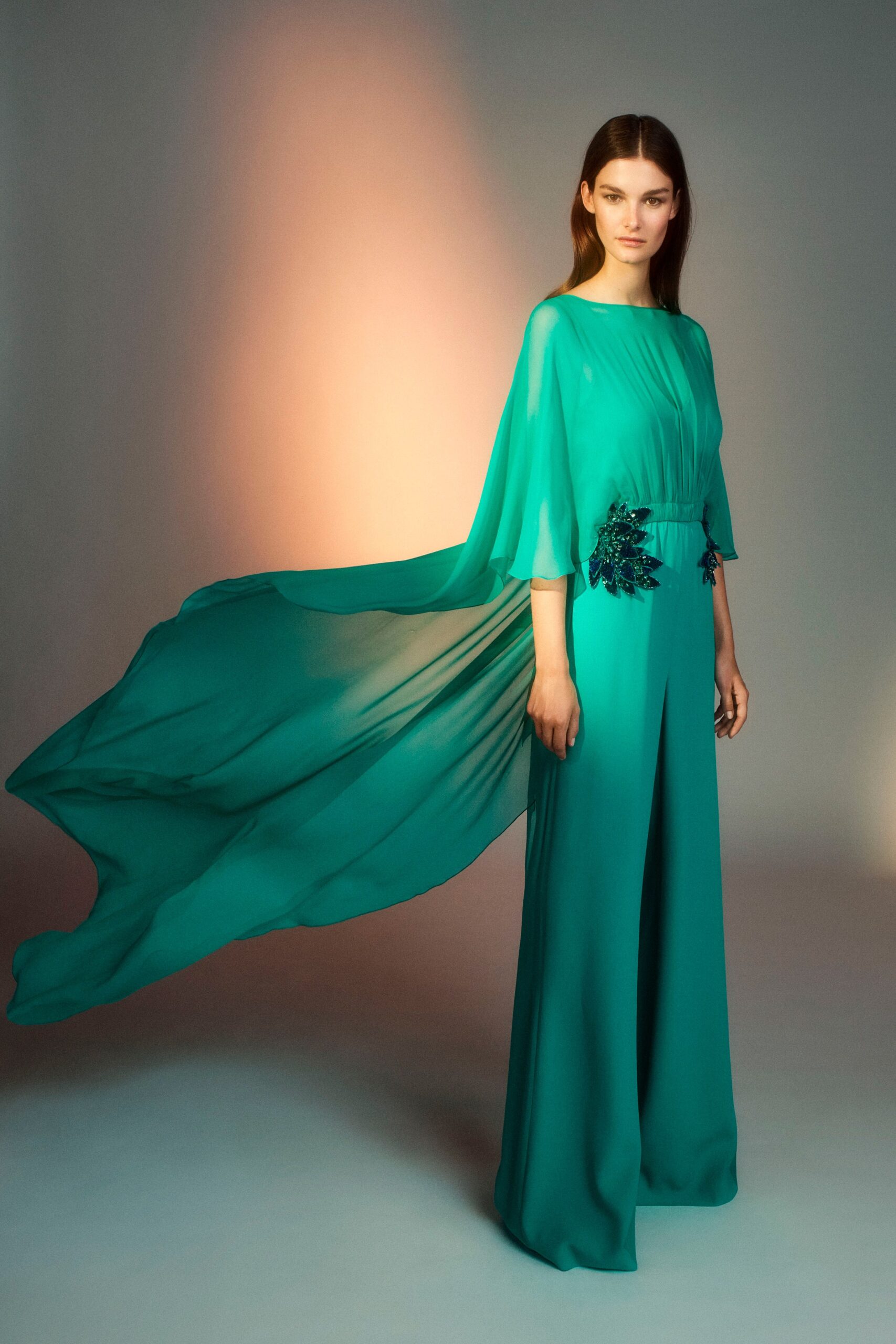 teal chiffon fitted jumpsuit