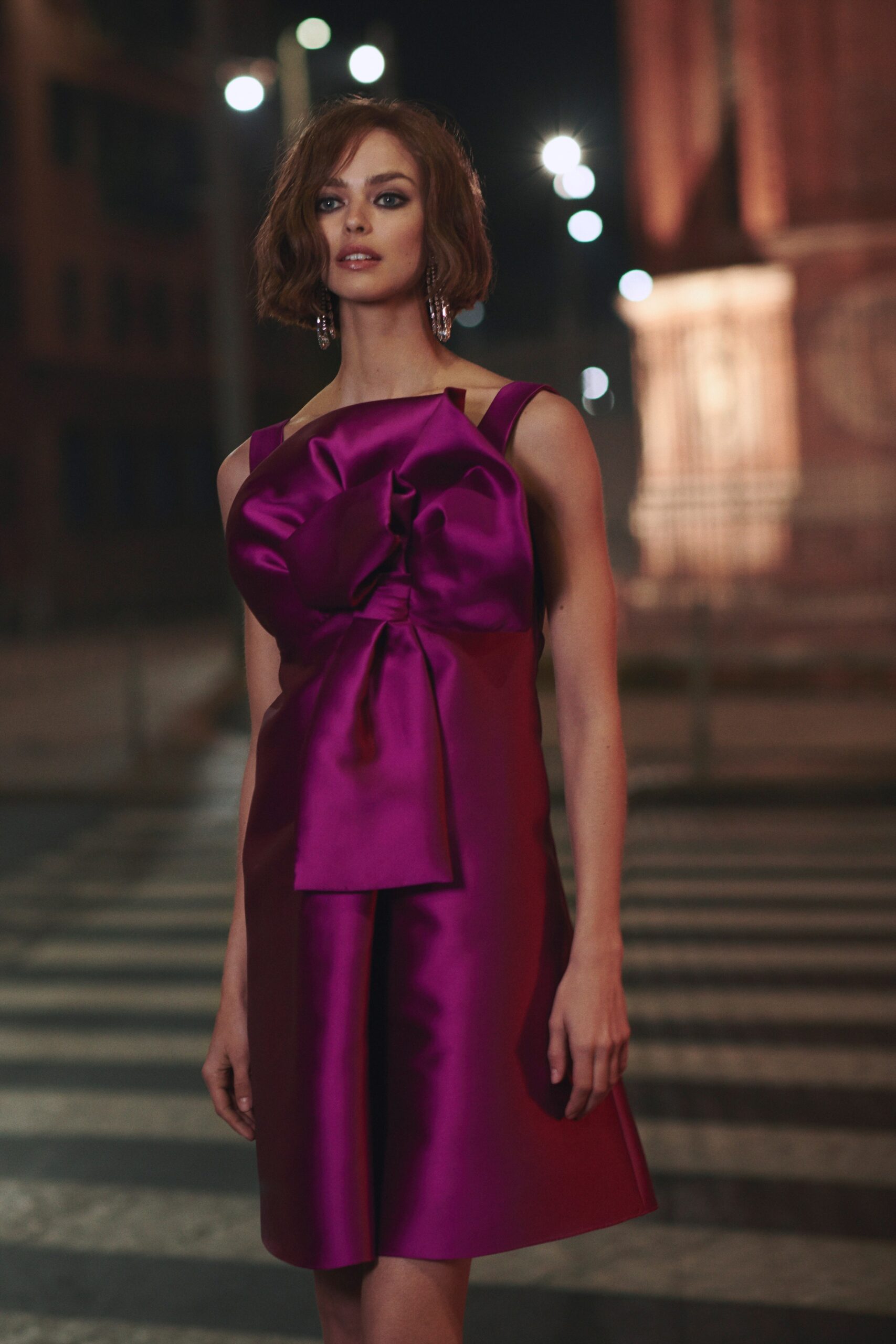 fitted purple silk dress