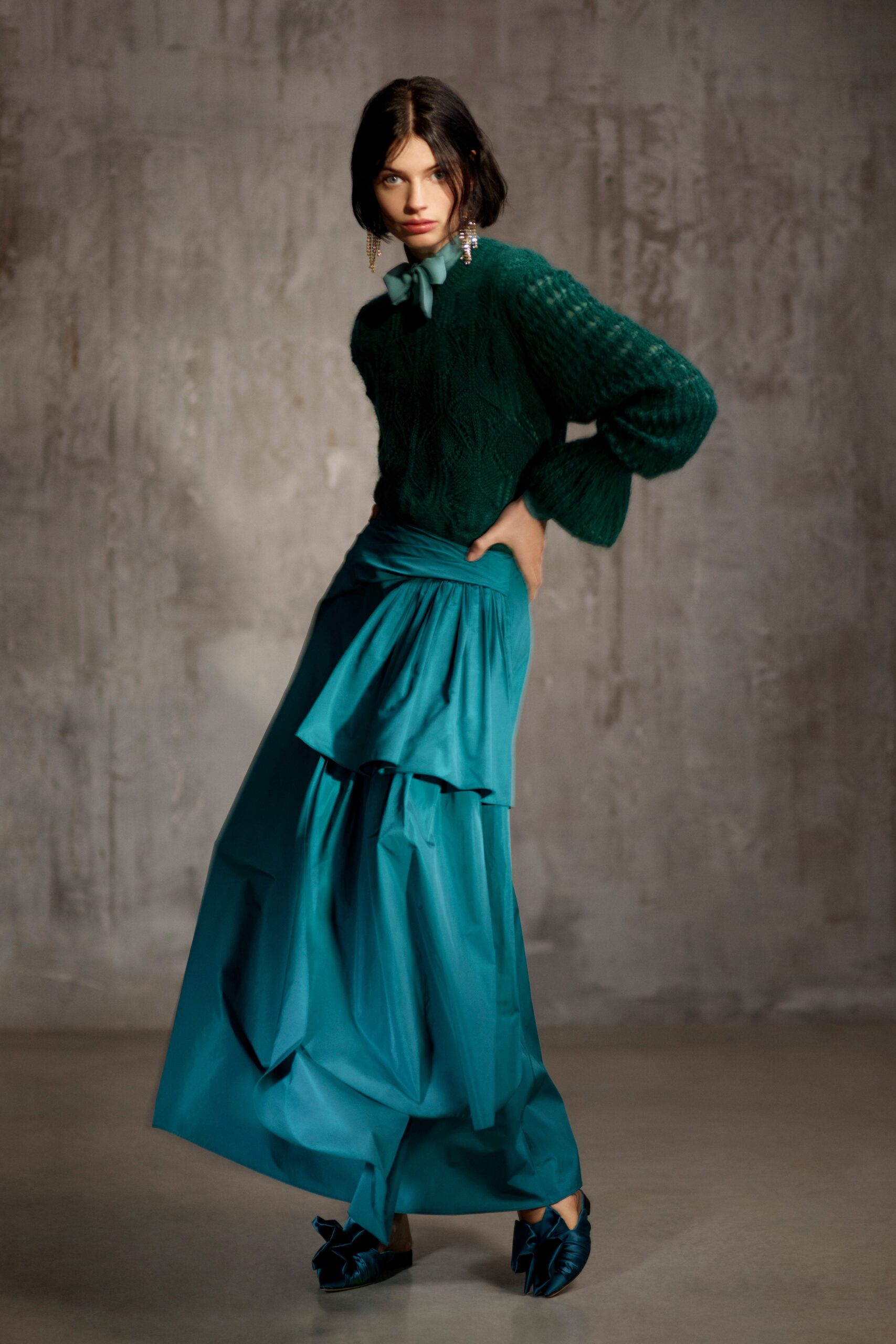 blue silk fitted high-waisted tiered flowing skirt
