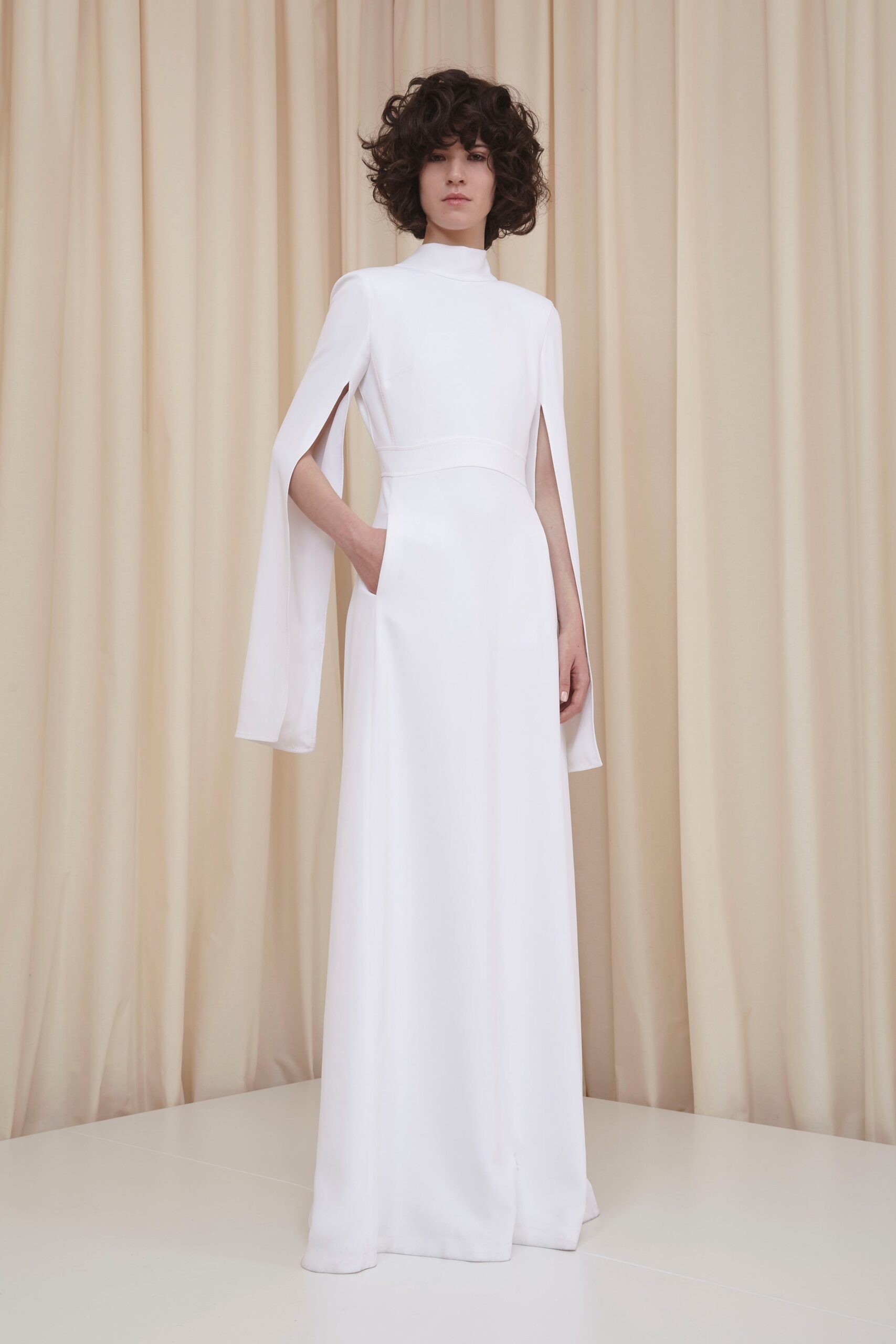 white silk fitted gown