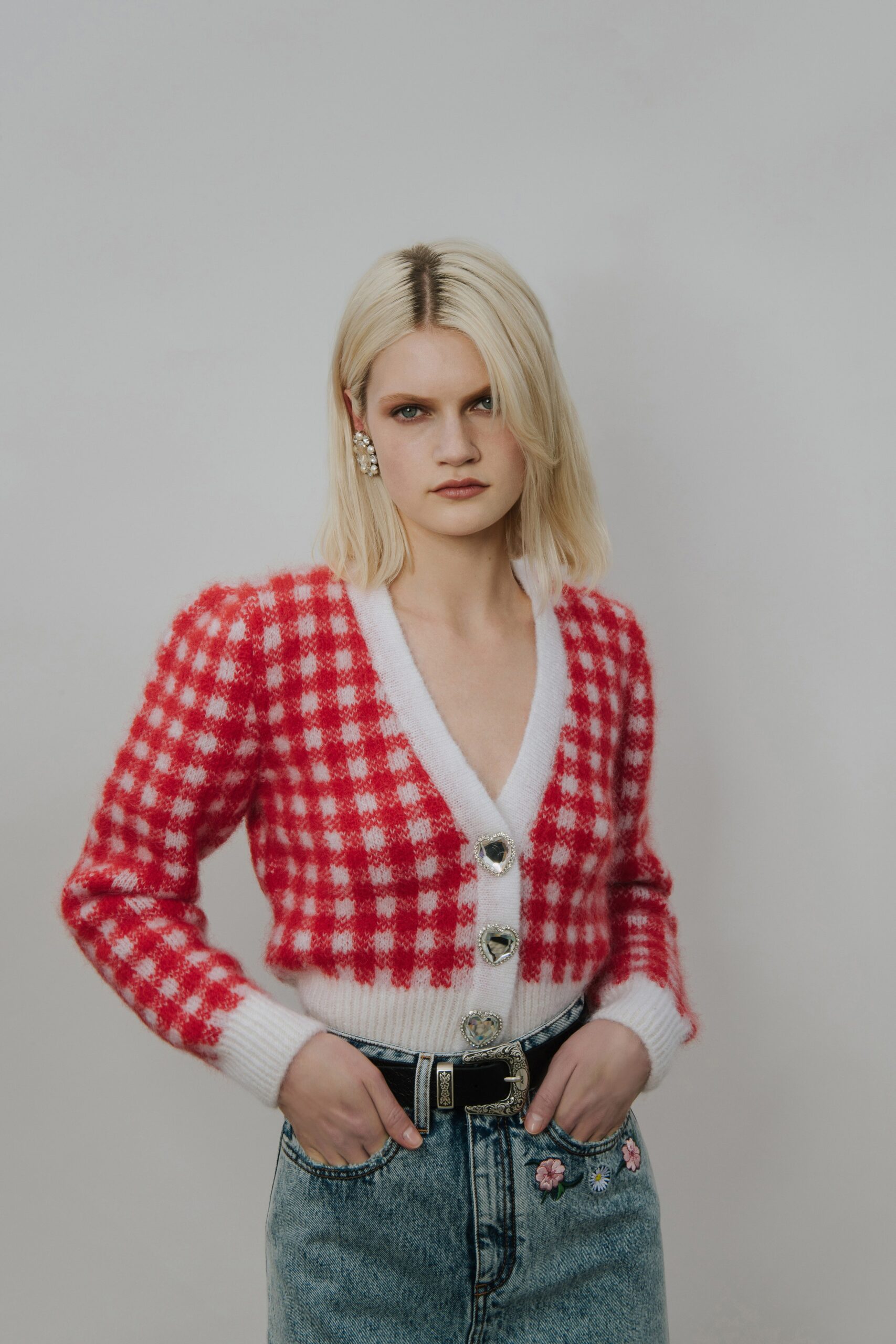 red and white checked cardigan with jeans