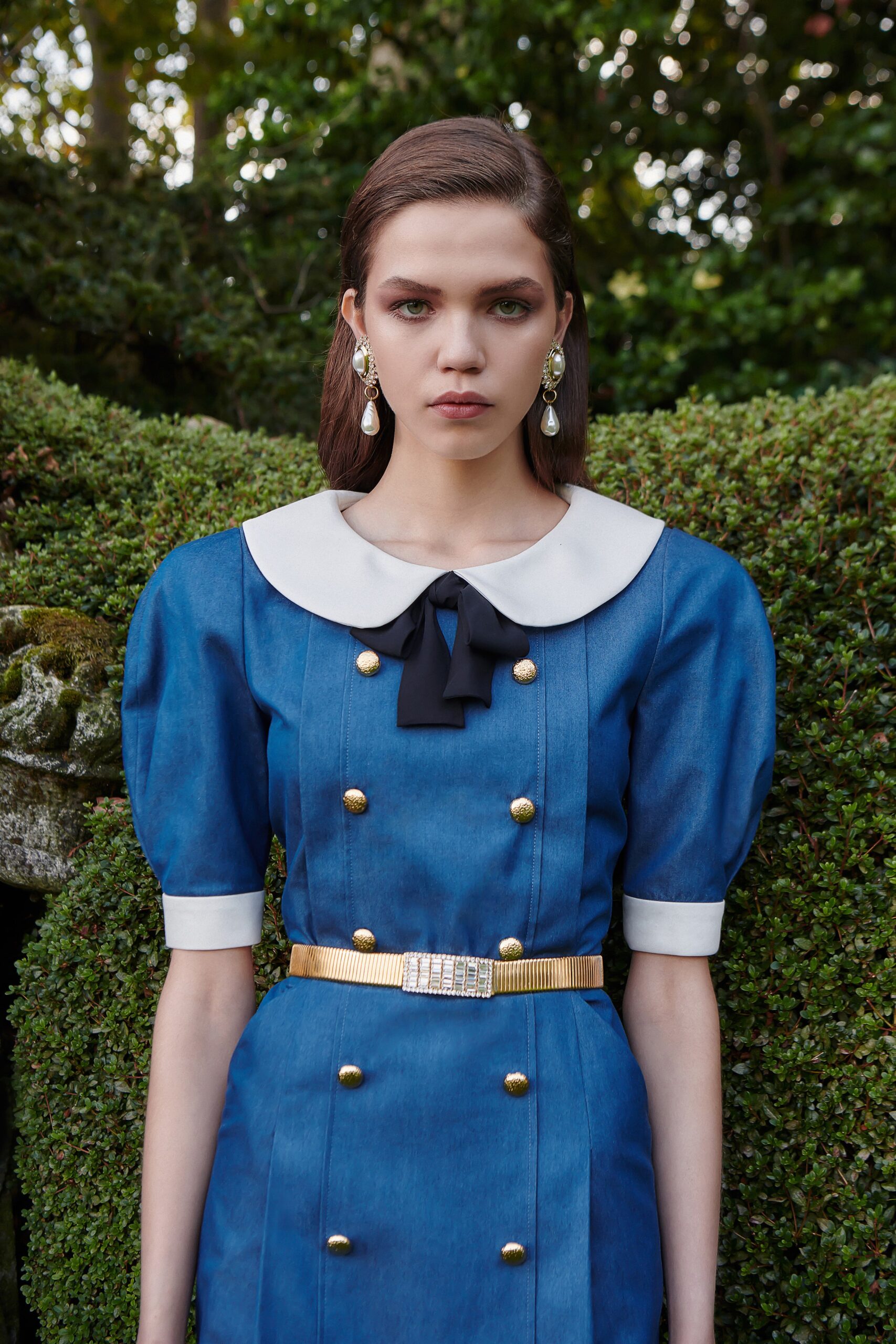 blue cotton collared midi dress