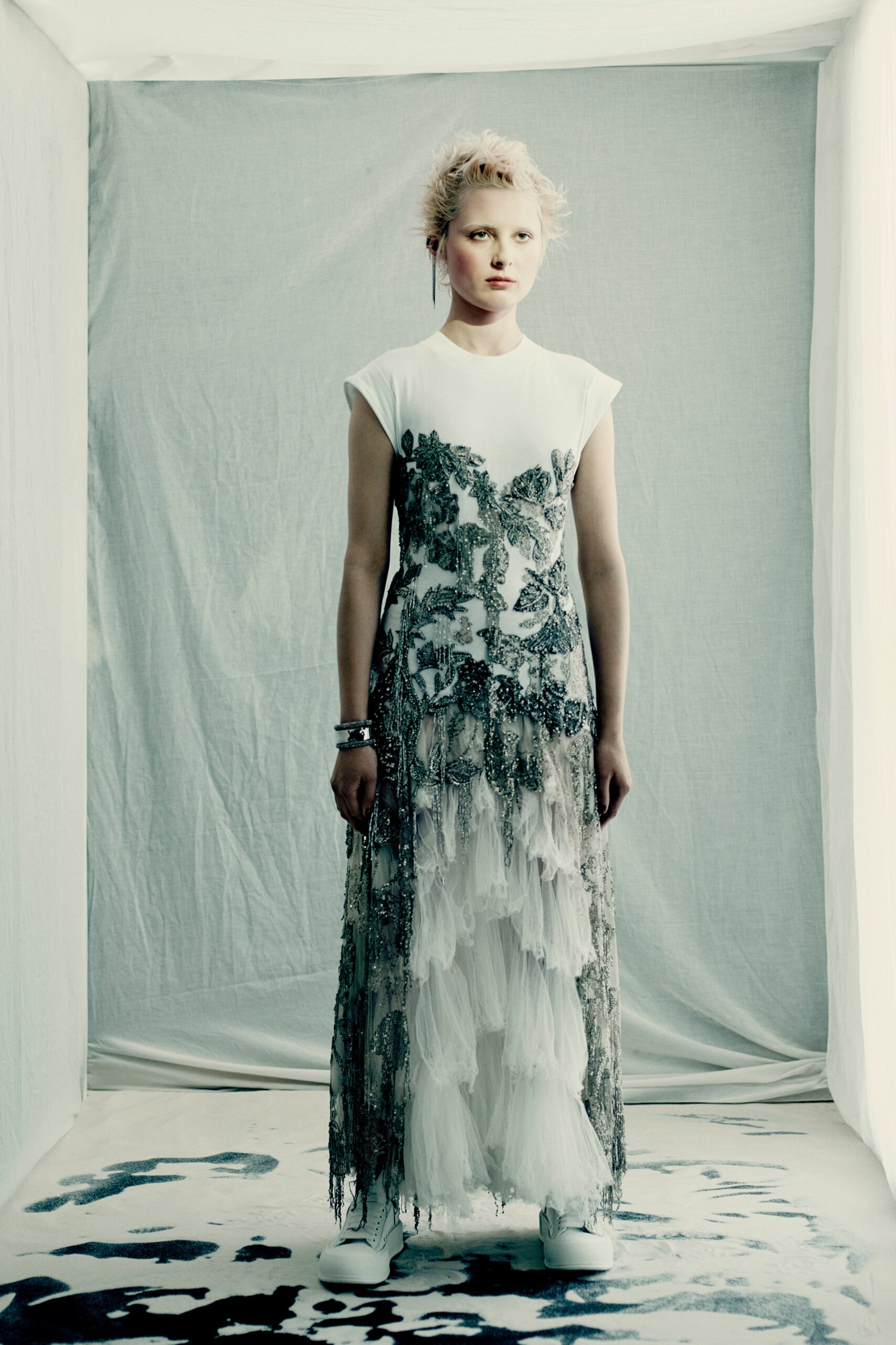 white and gray layered dress