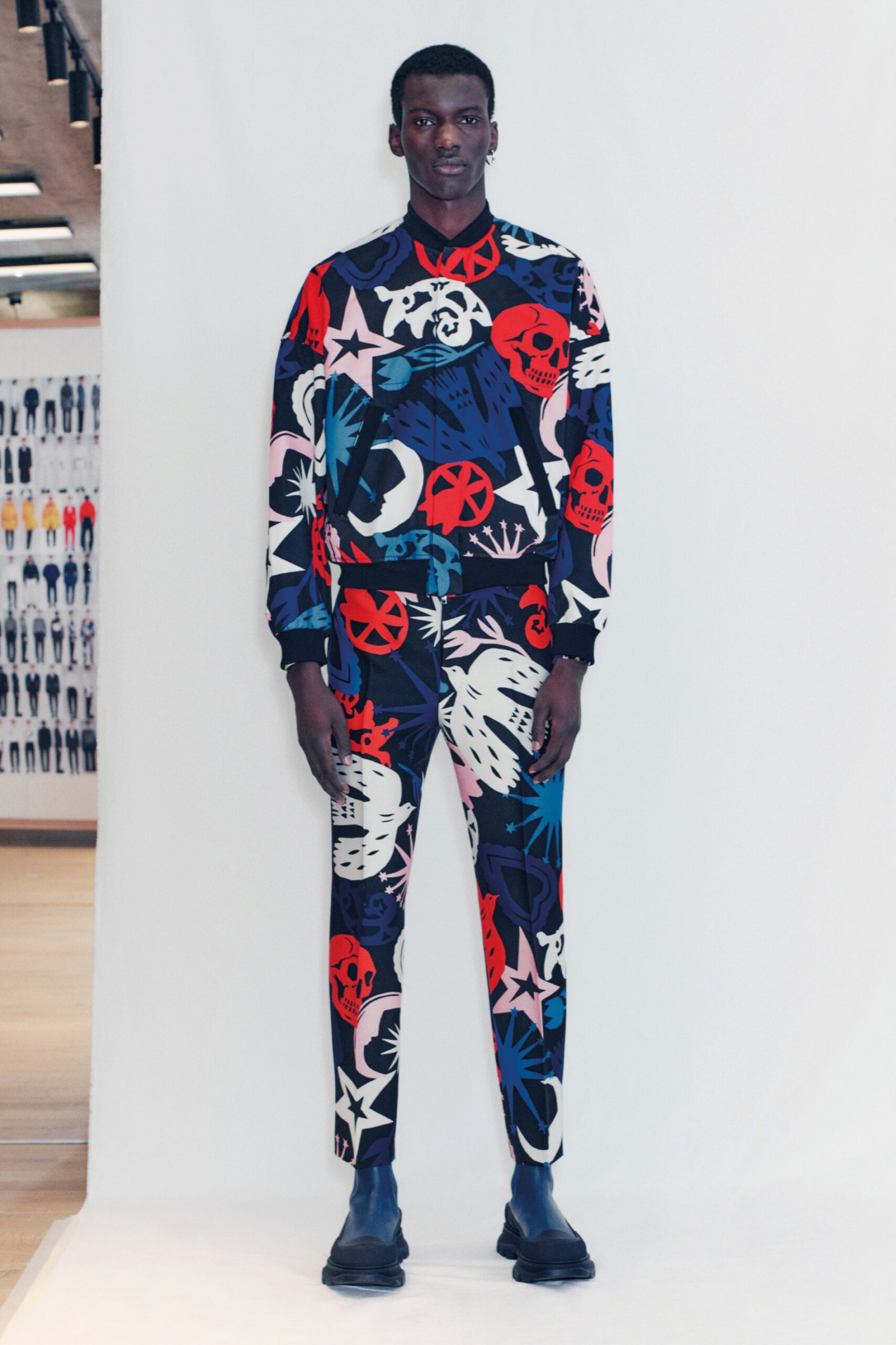 printed blue and red top and pants
