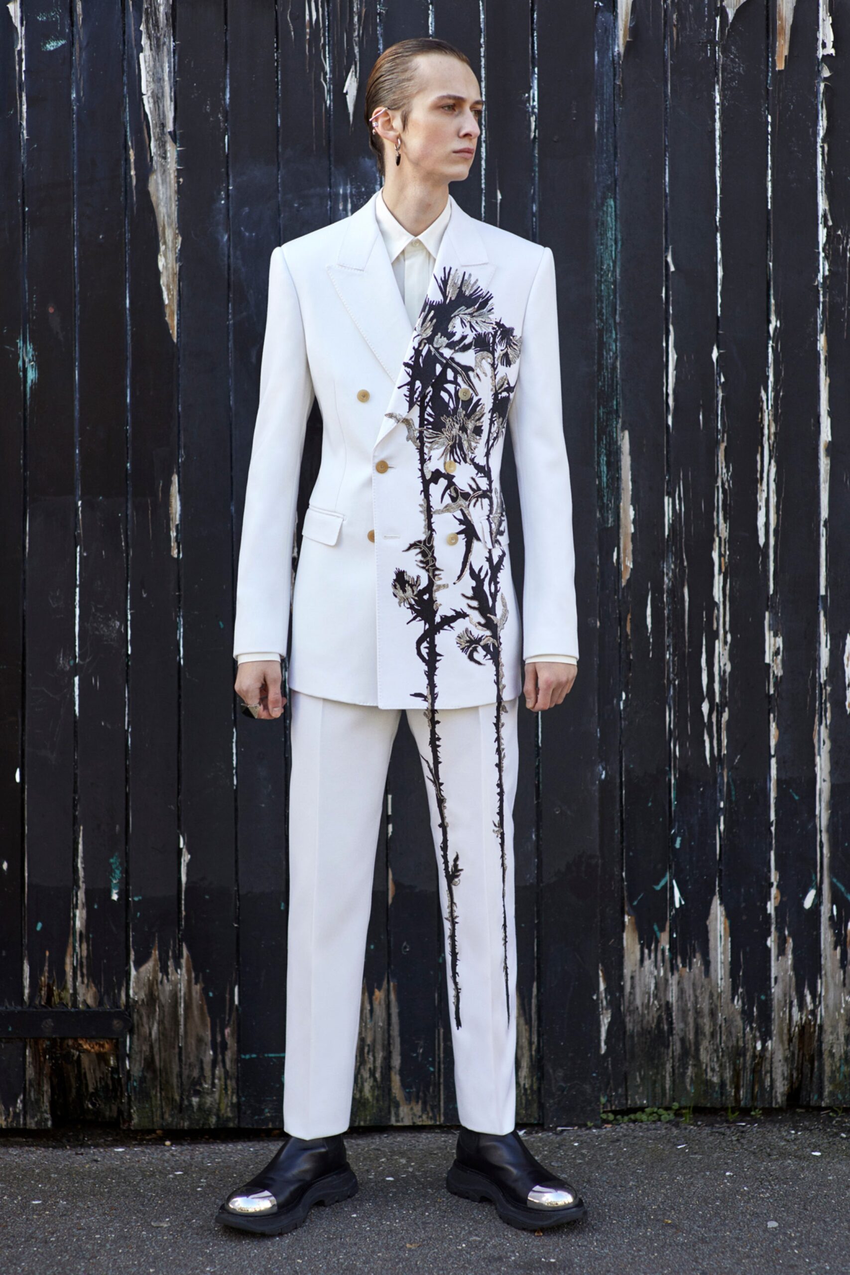 white tailored suit with embroidery