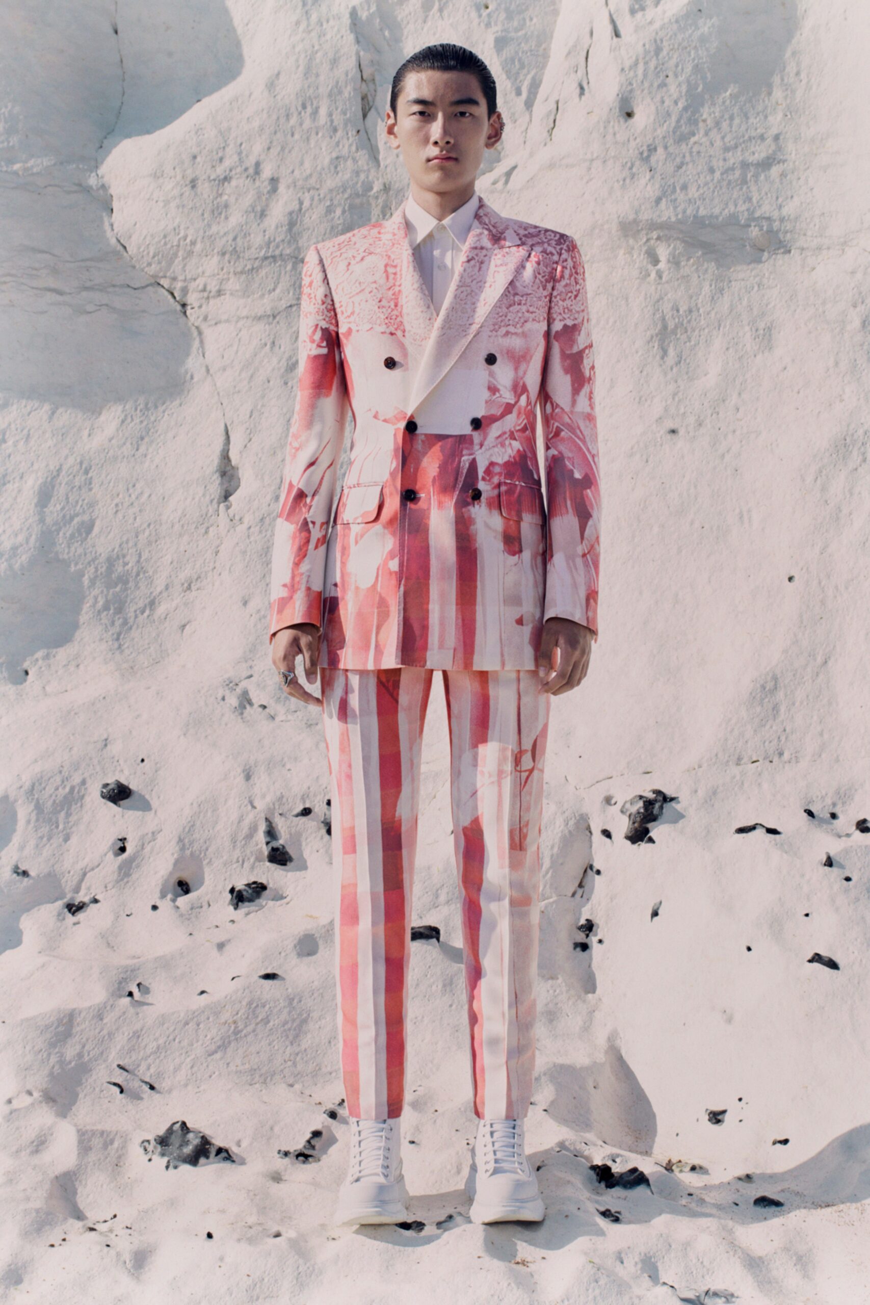 pink and white tailored suit