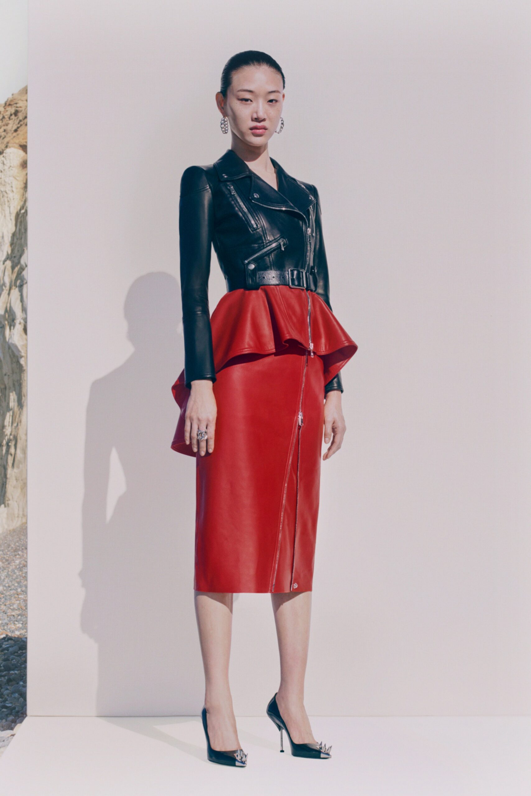 black and red leather midi dress