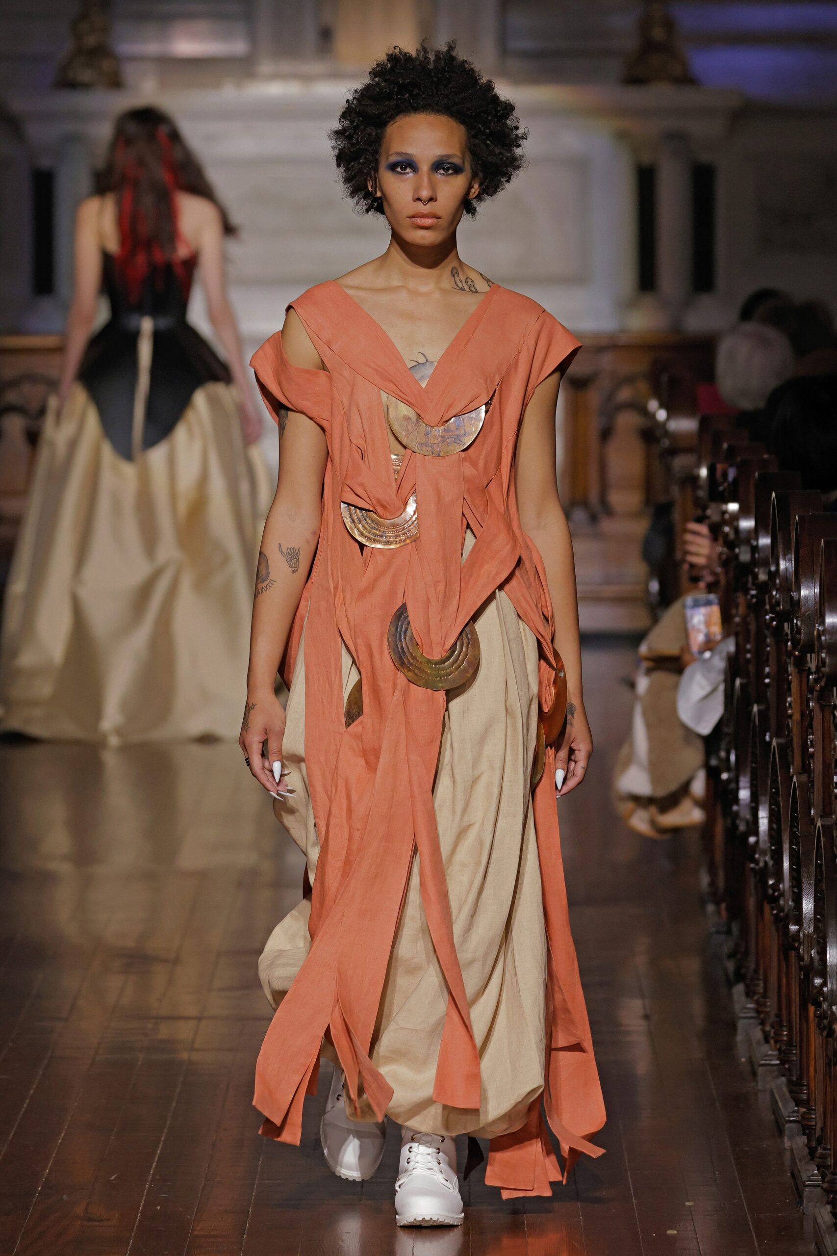 orange and beige draped midi dress