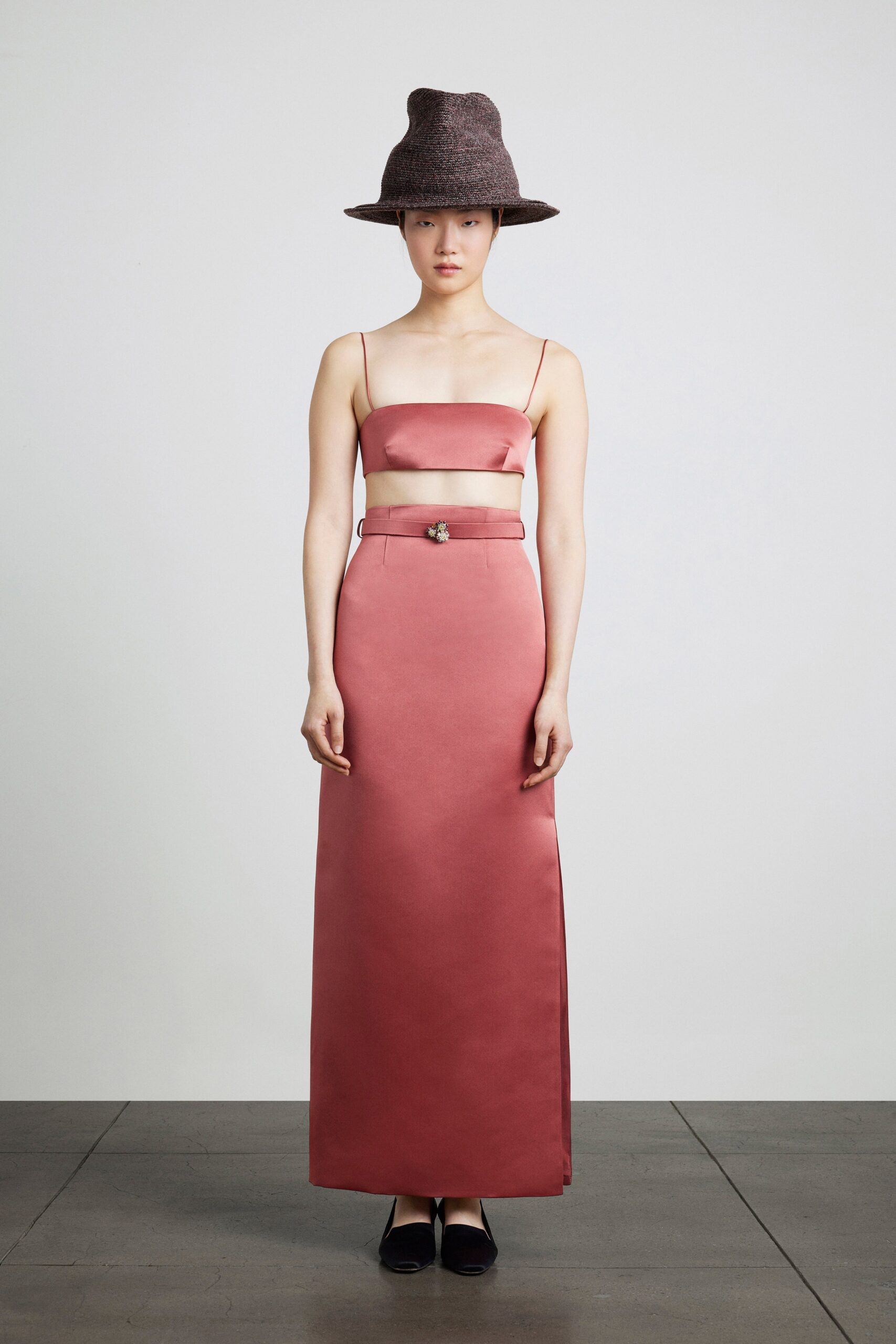 pink silk maxi dress with hat