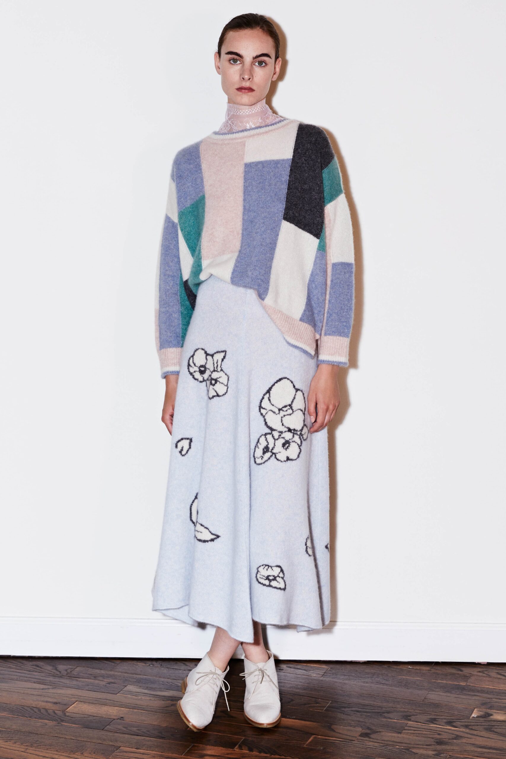 color-blocked wool sweater and midi skirt
