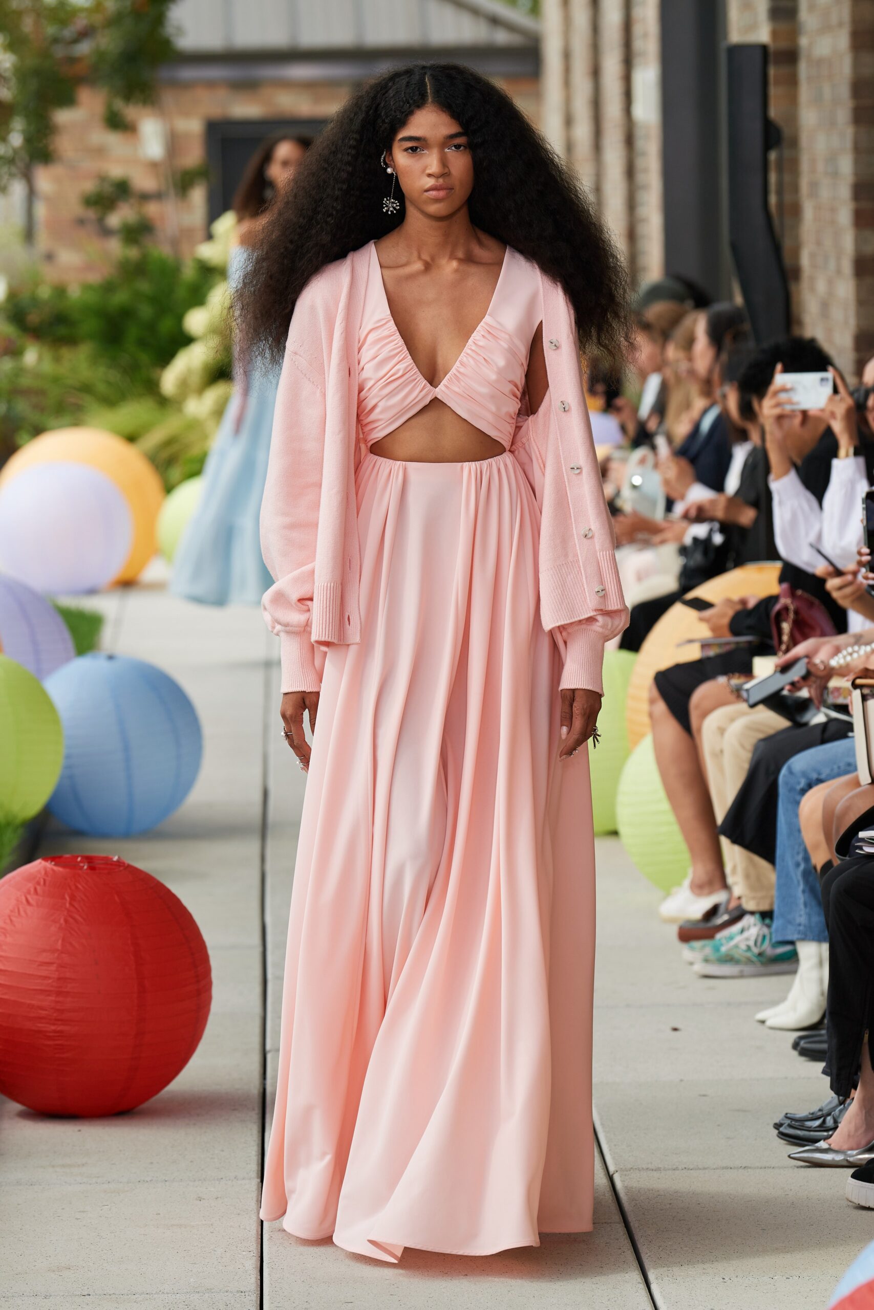 pink maxi dress with cardigan