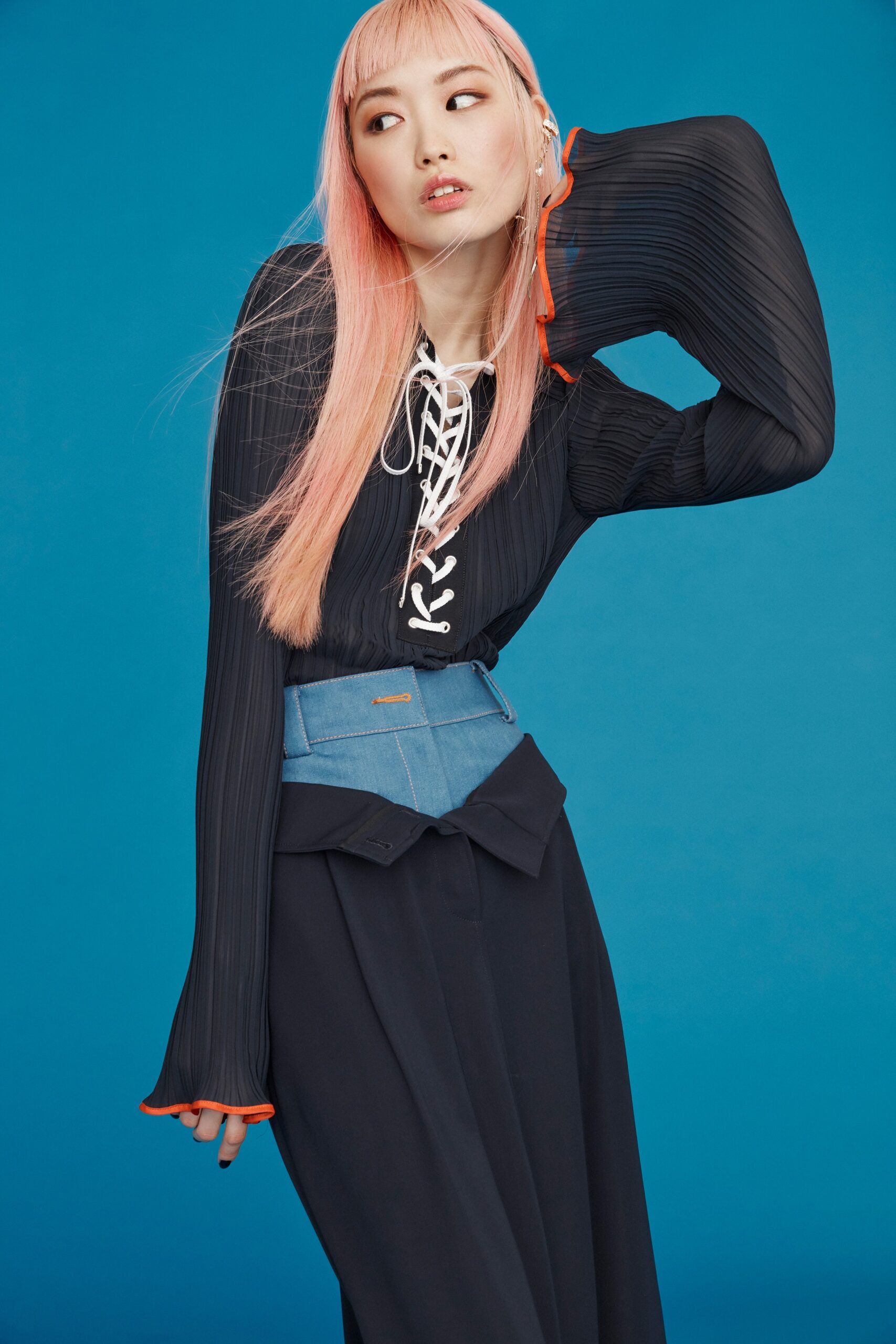 black silk blouse with blue denim skirt