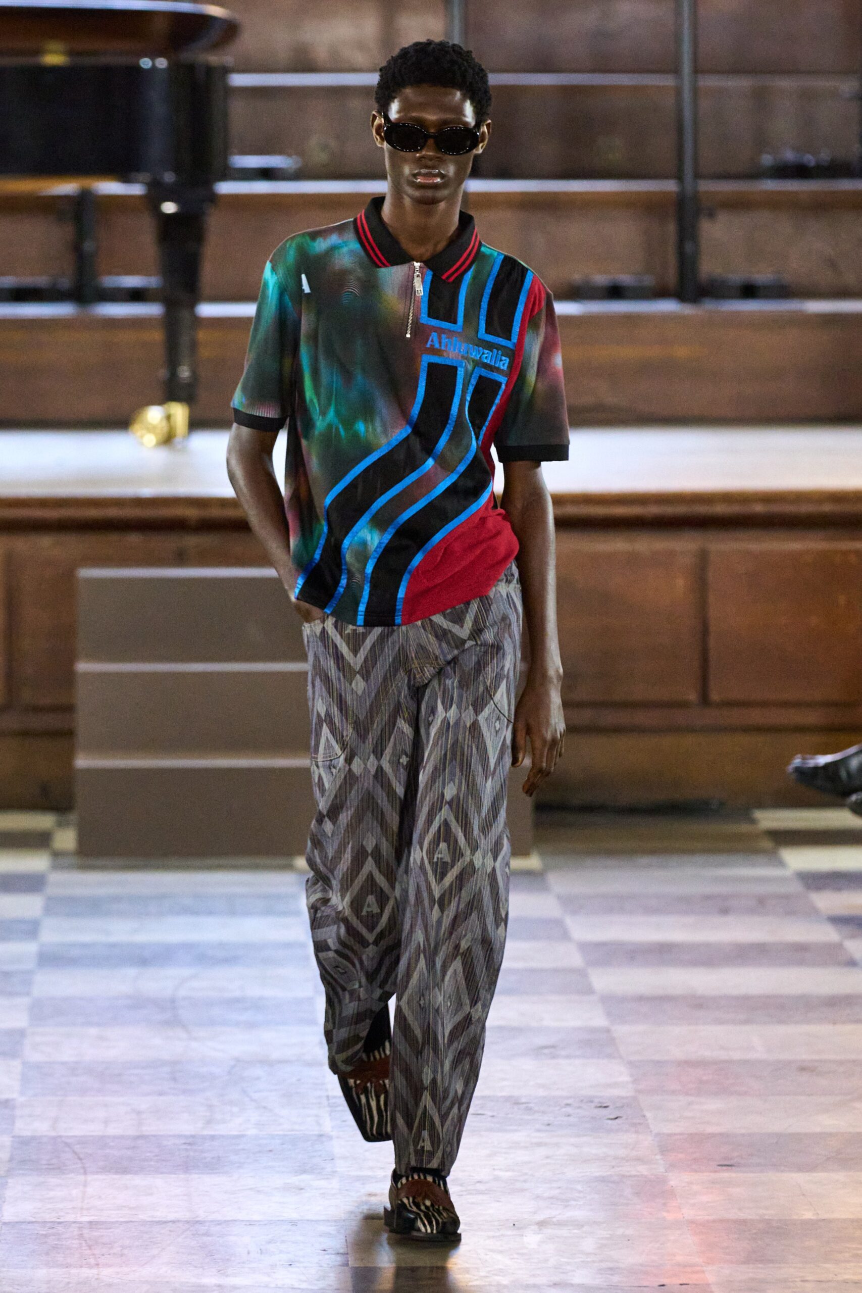 colorful printed shirt and wide-leg pants