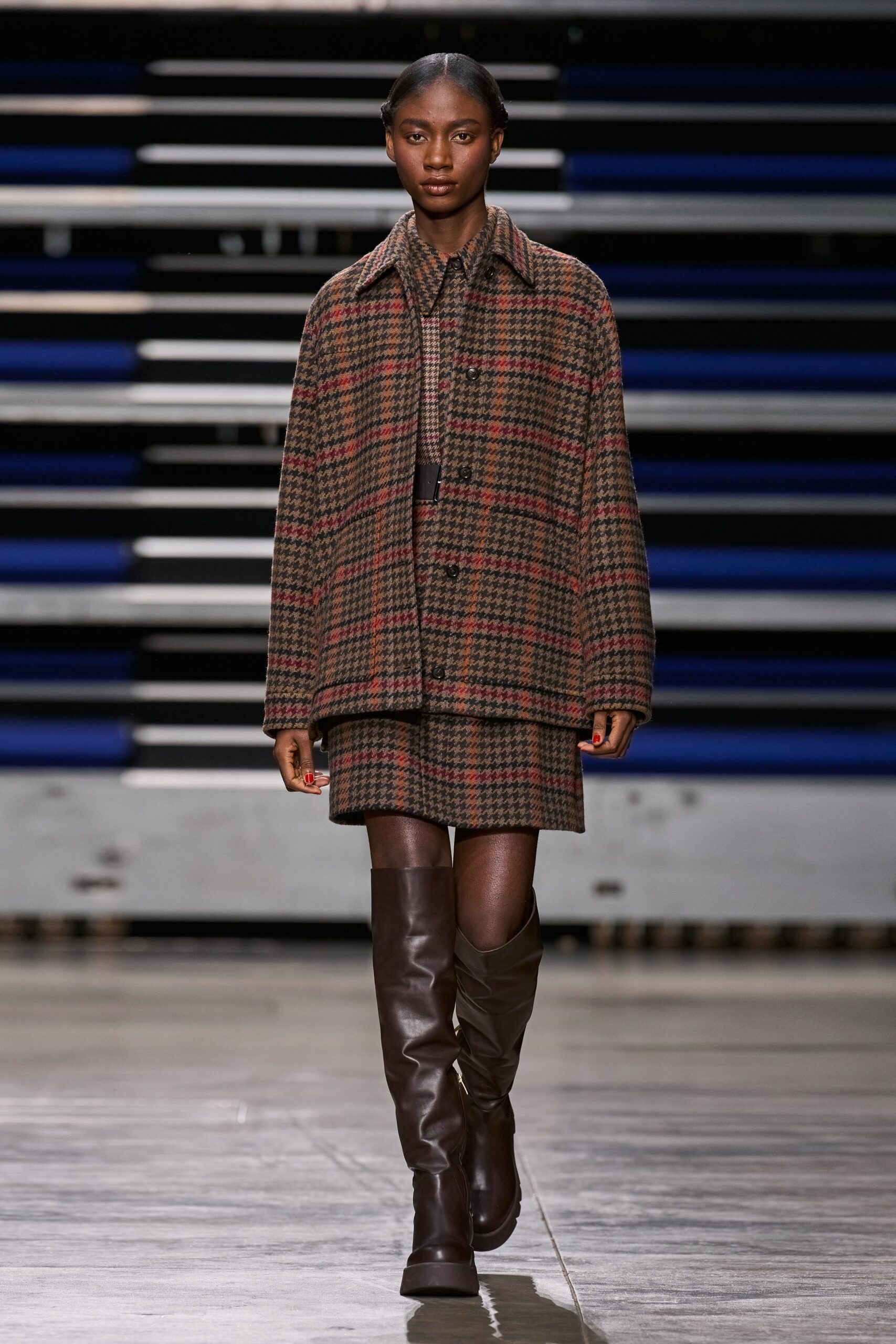 brown checked wool coat and skirt