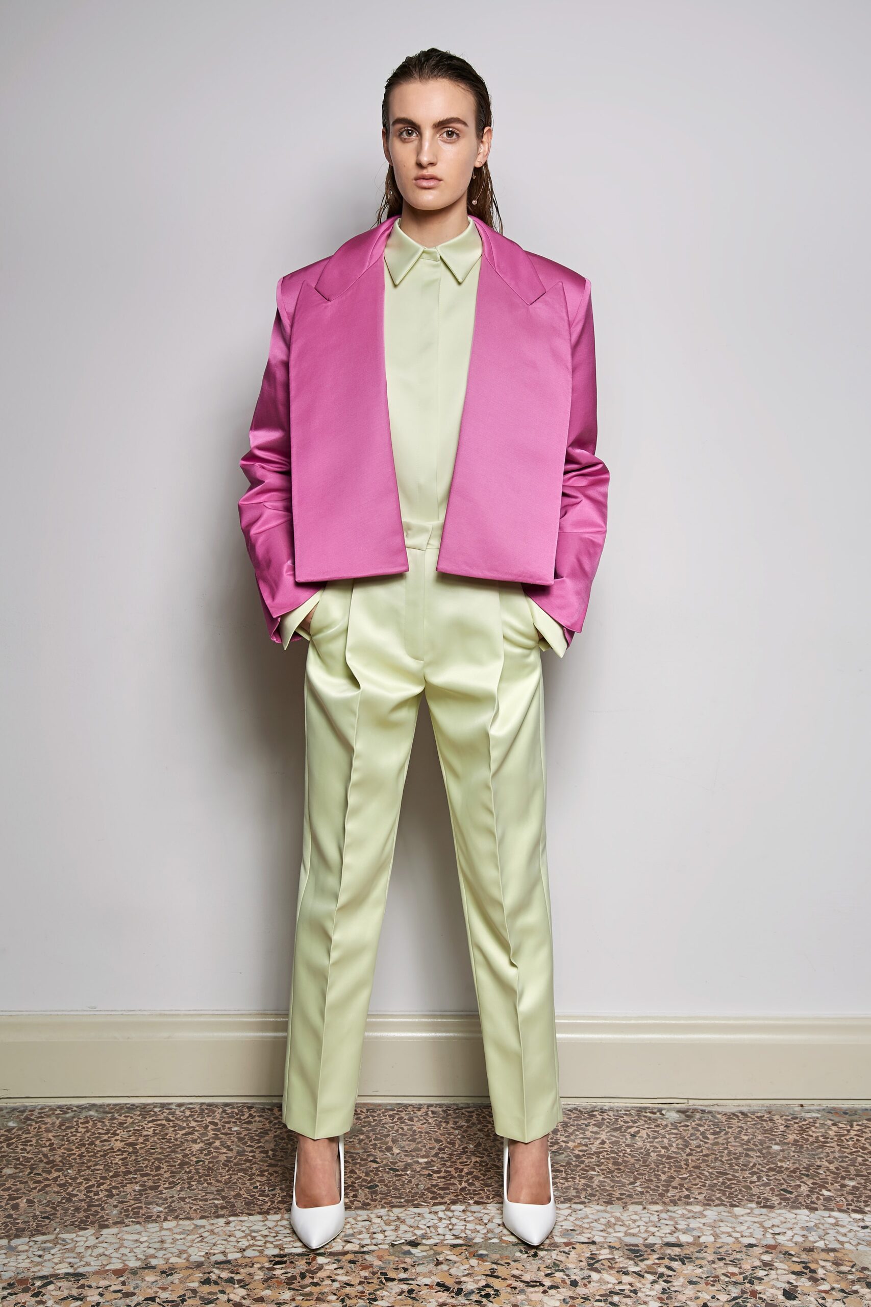 pink satin jacket with light green outfit