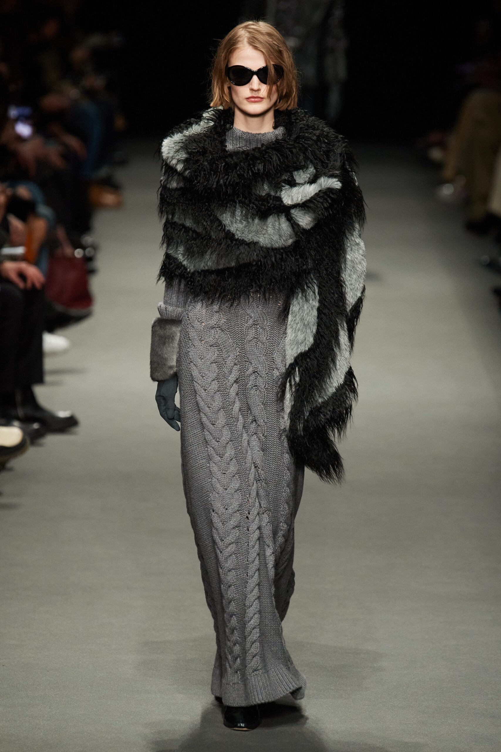 gray knitted maxi dress with faux-fur cape