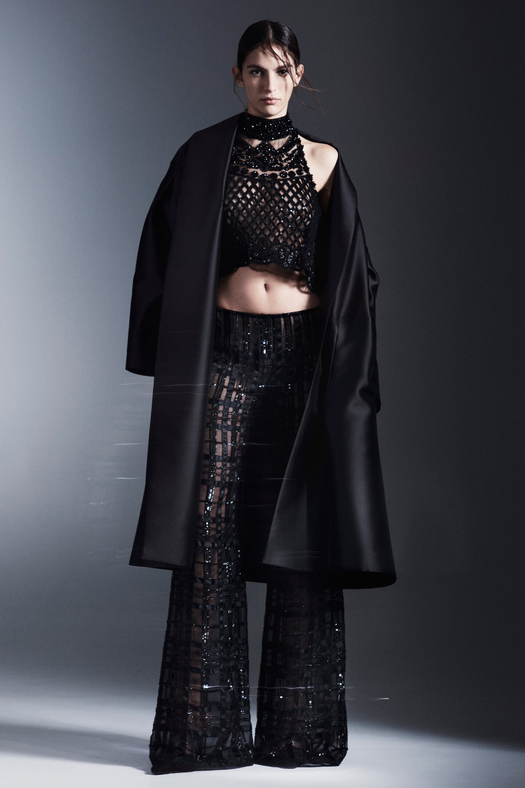 black silk coat lace top flared pants