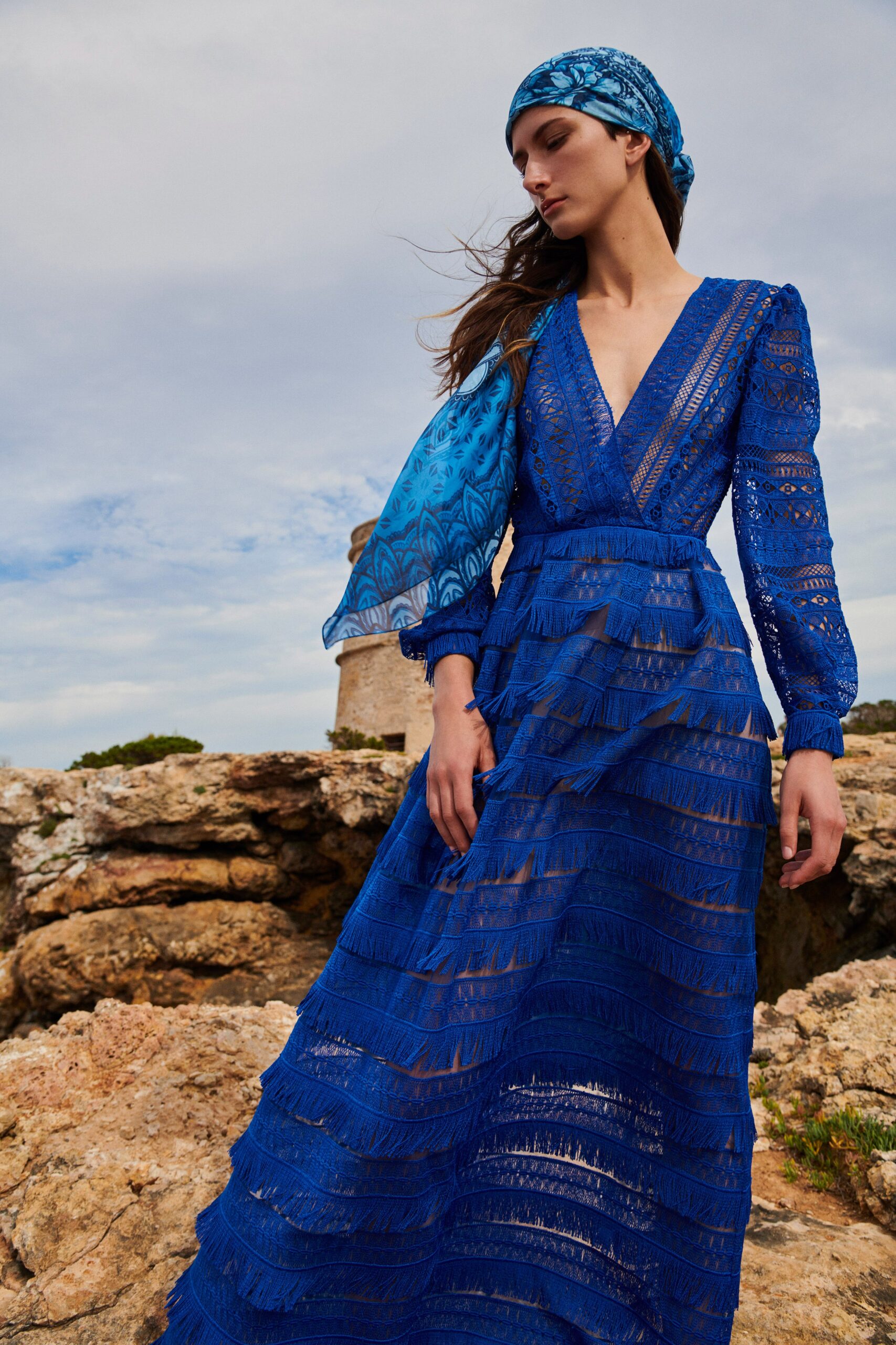 blue lace maxi dress with fringes