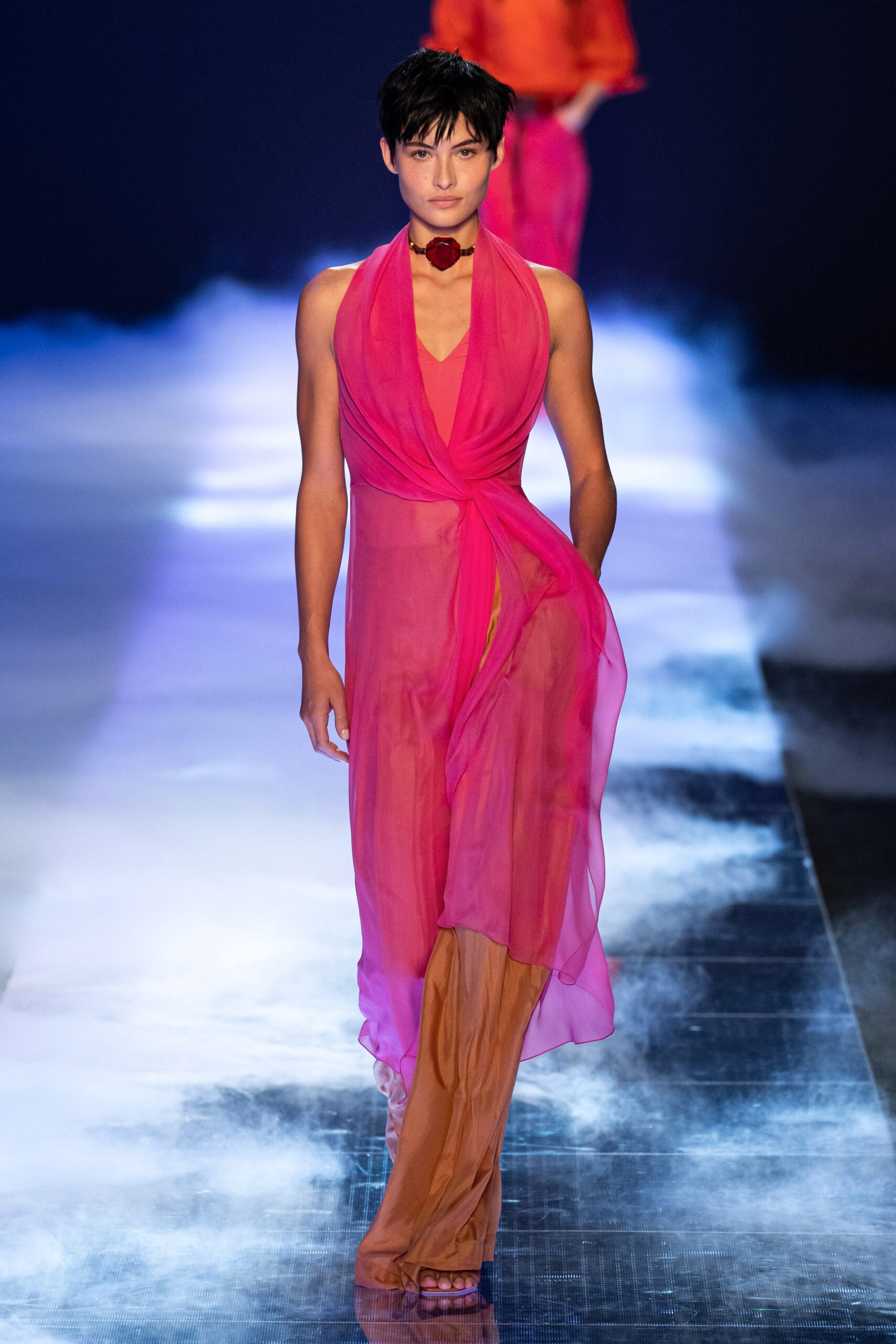 pink chiffon draped maxi dress
