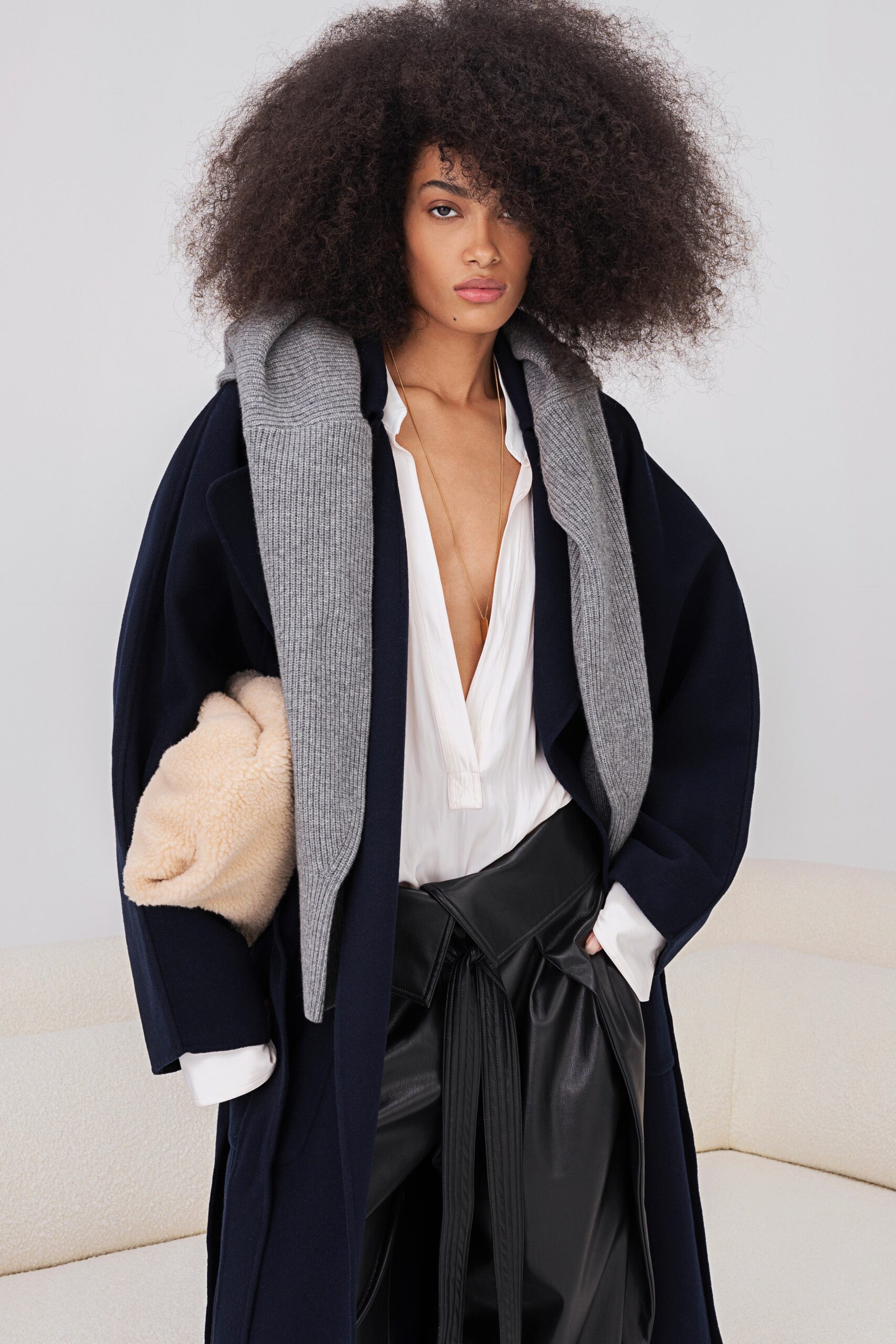 blue wool long-sleeve collared relaxed layered coat