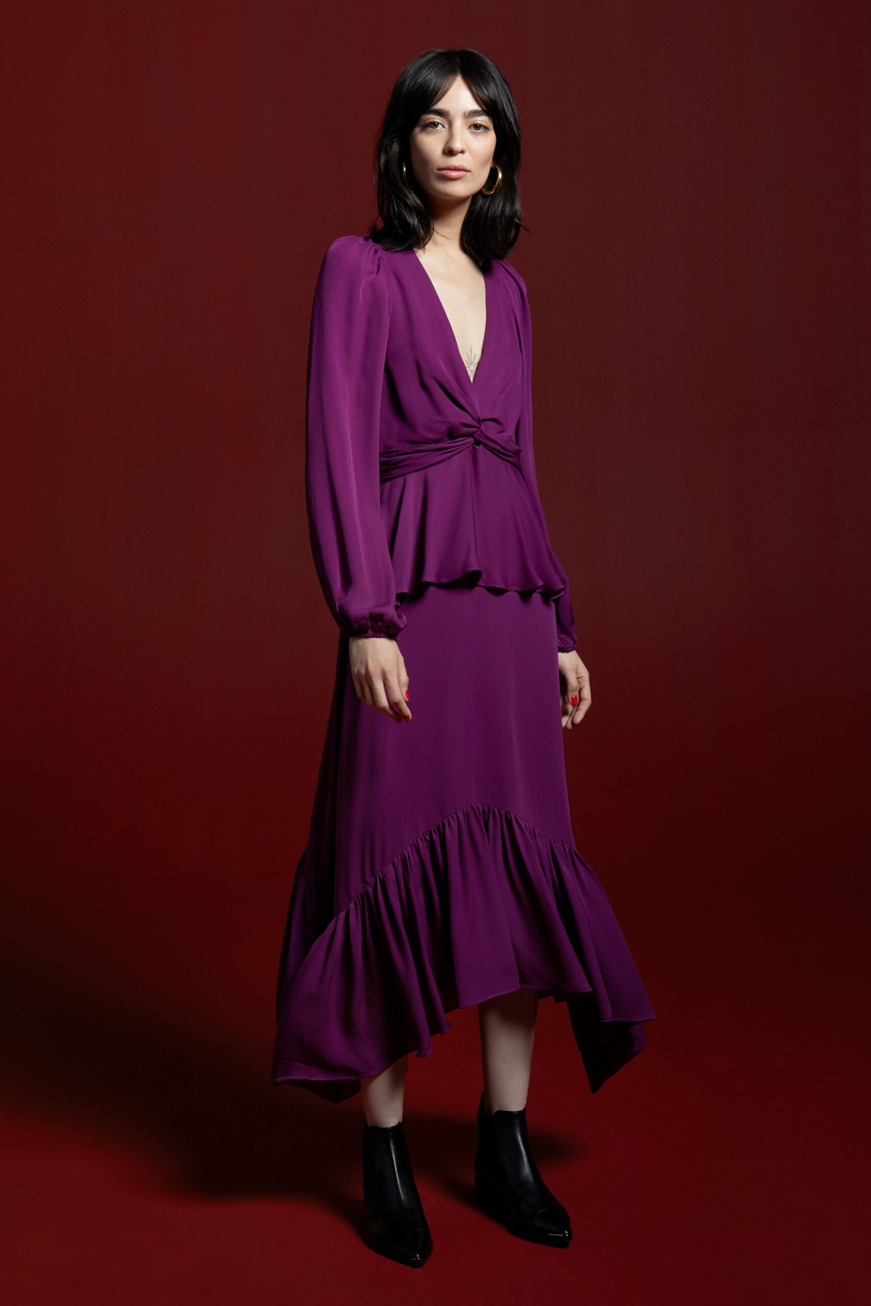 fitted purple silk dress