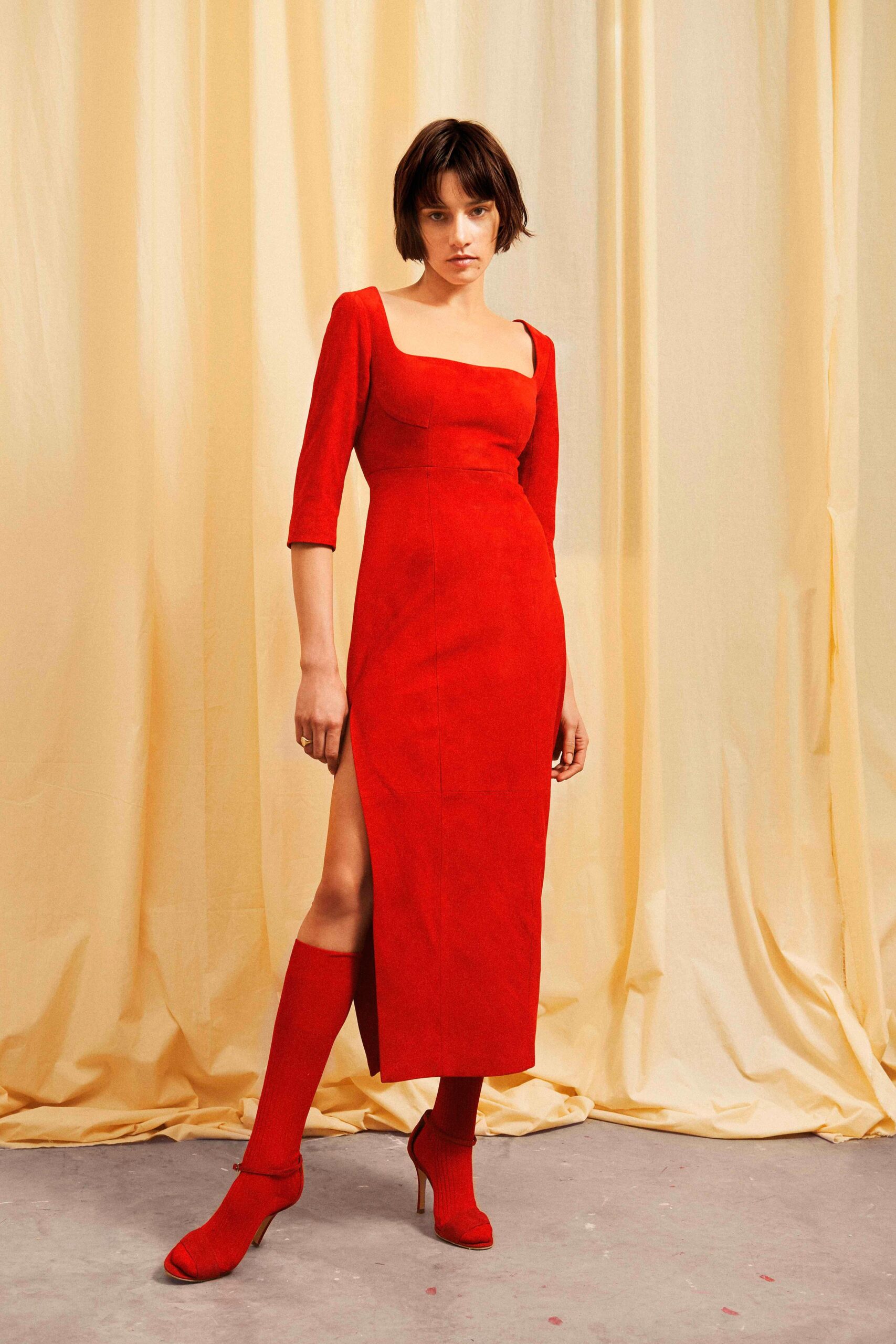 red suede fitted midi dress