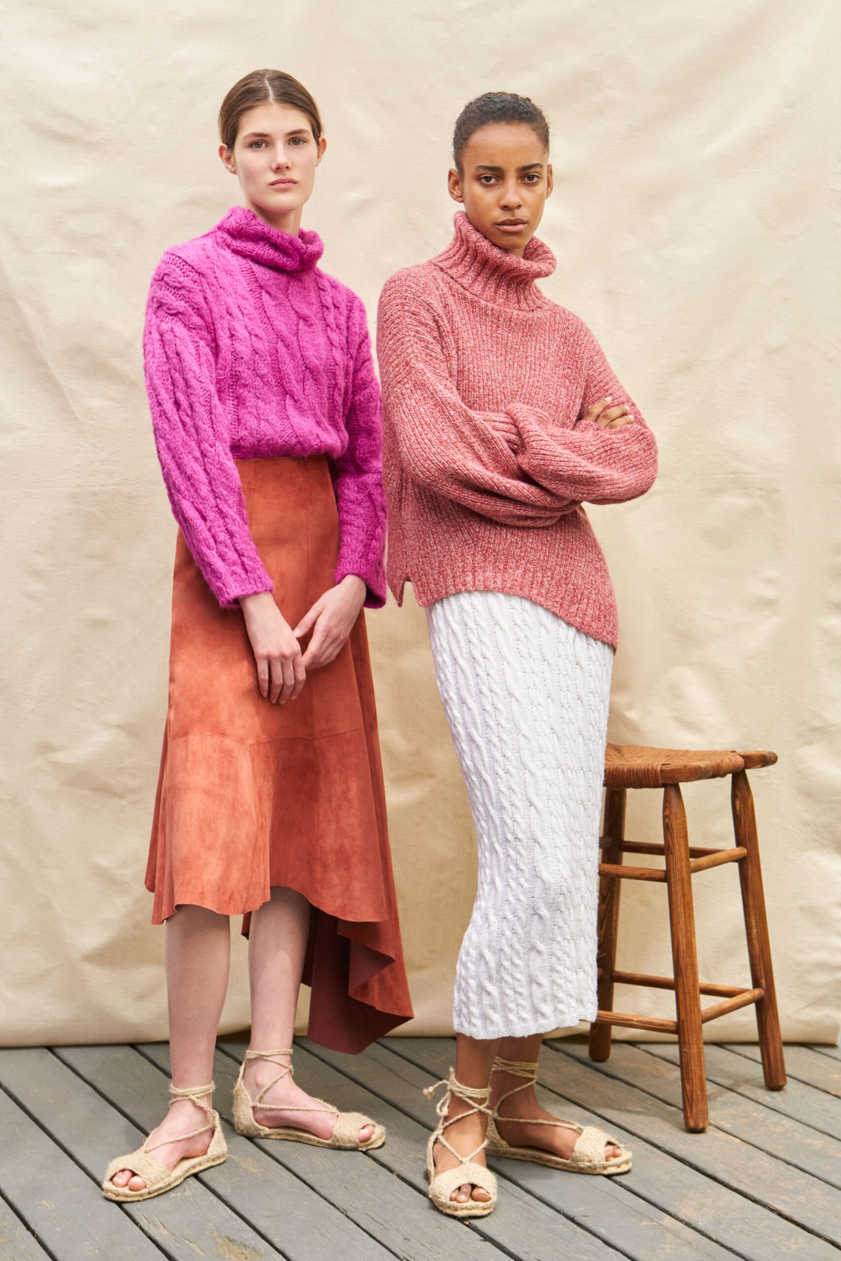 pink and red relaxed sweaters with skirts