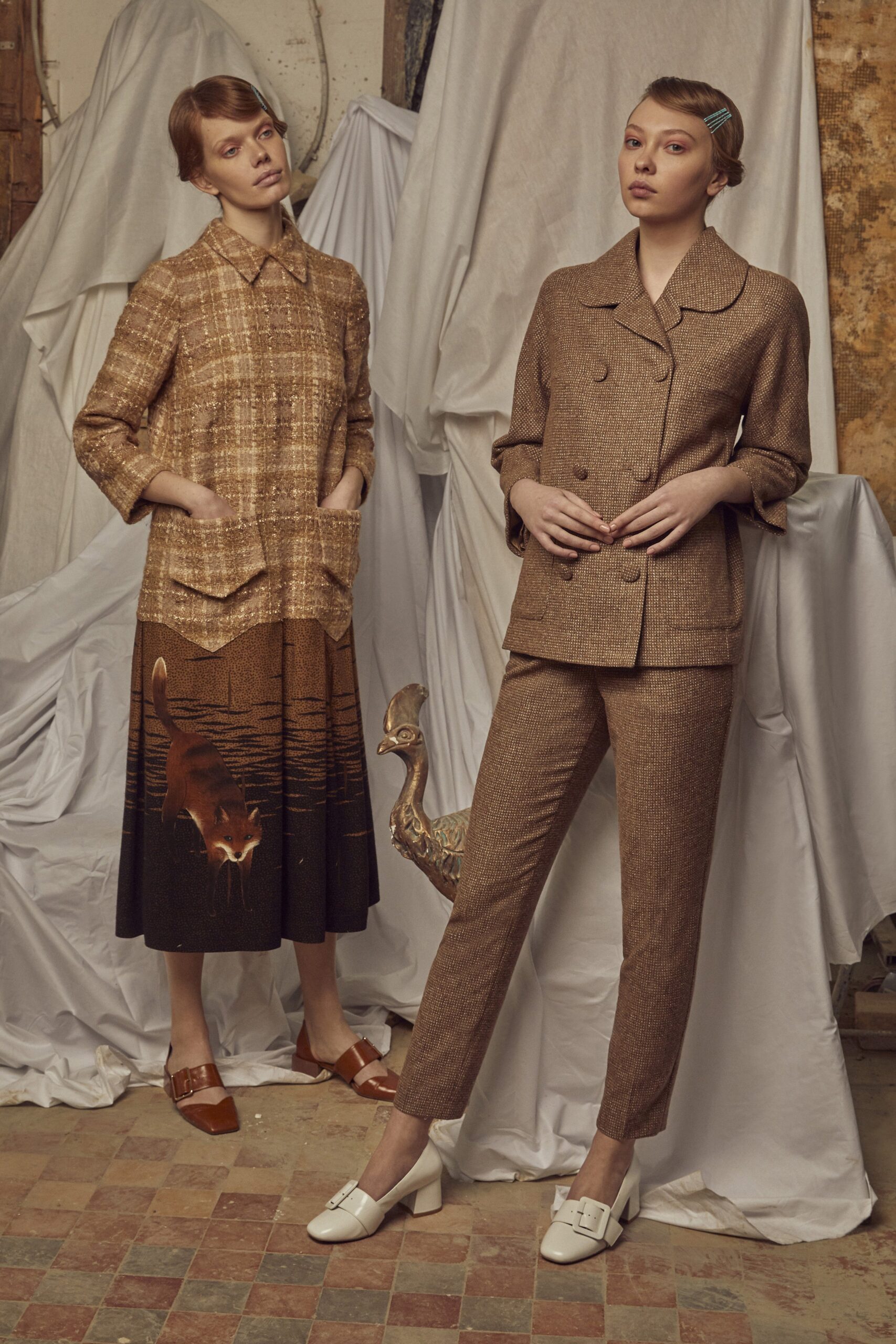 brown cotton long-sleeve collared relaxed pleated midi dress