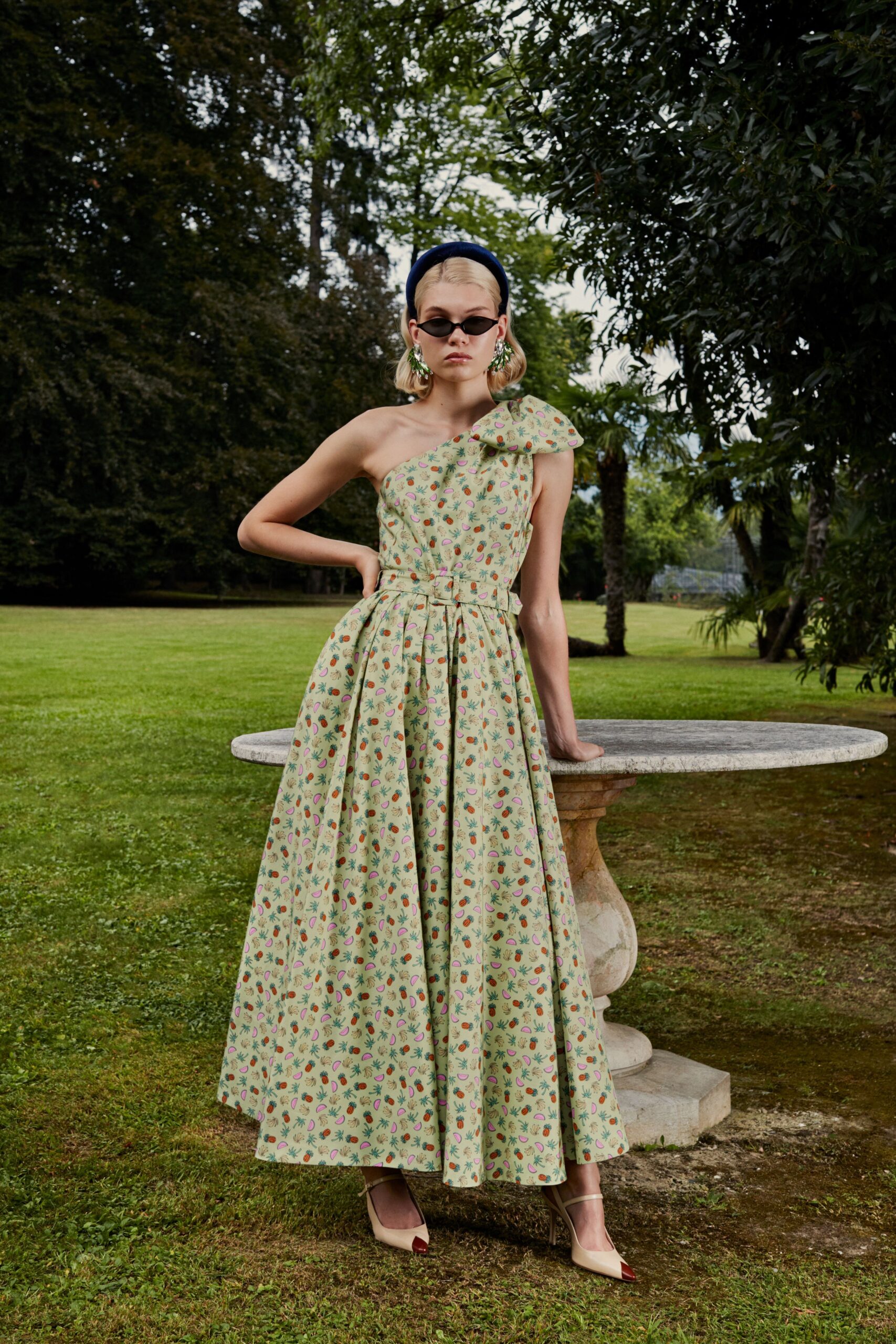 green printed off-shoulder dress