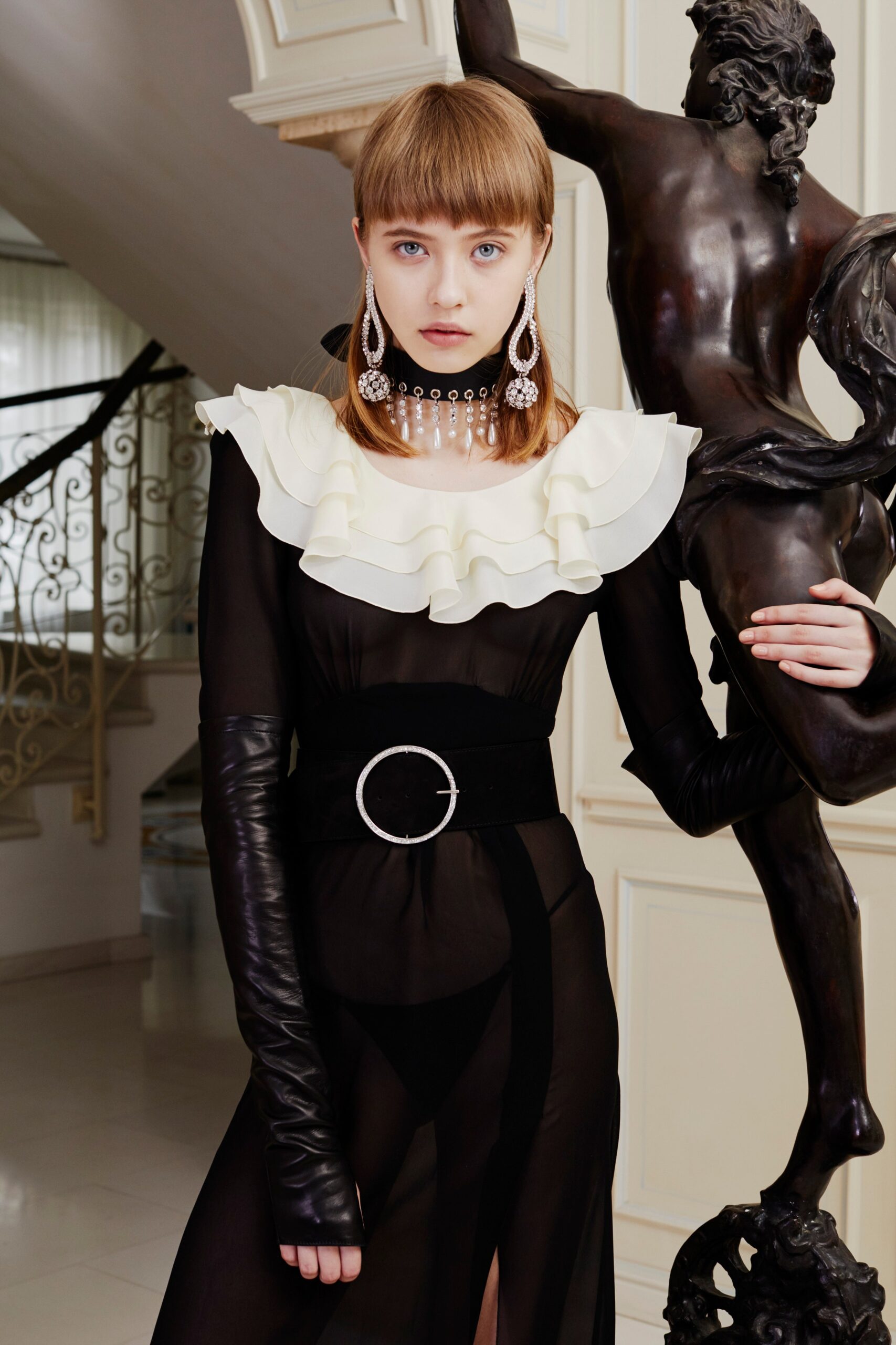 black silk long-sleeve v-neck fitted ruffled layered dress