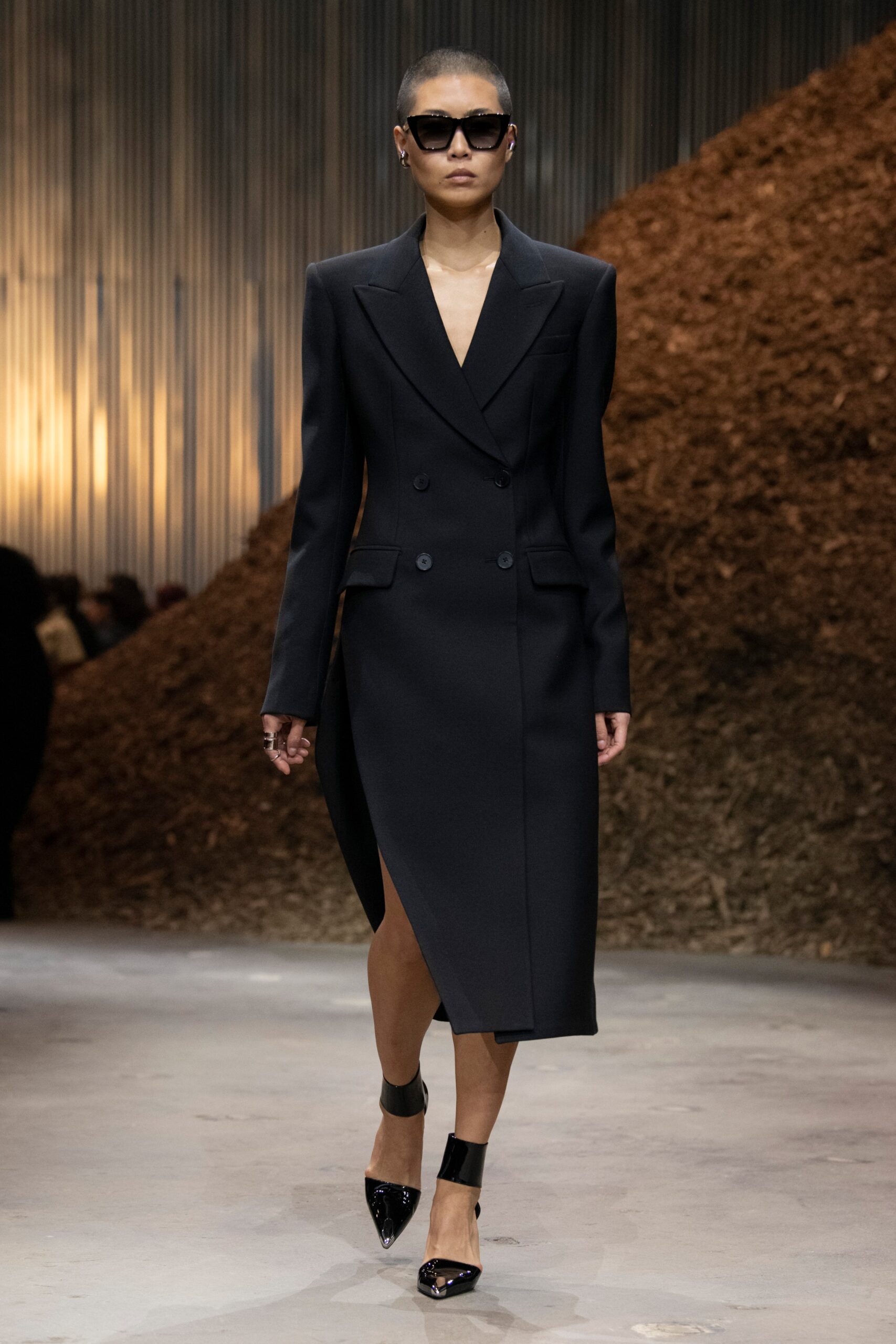 black wool long-sleeve v-neck fitted pencil midi dress