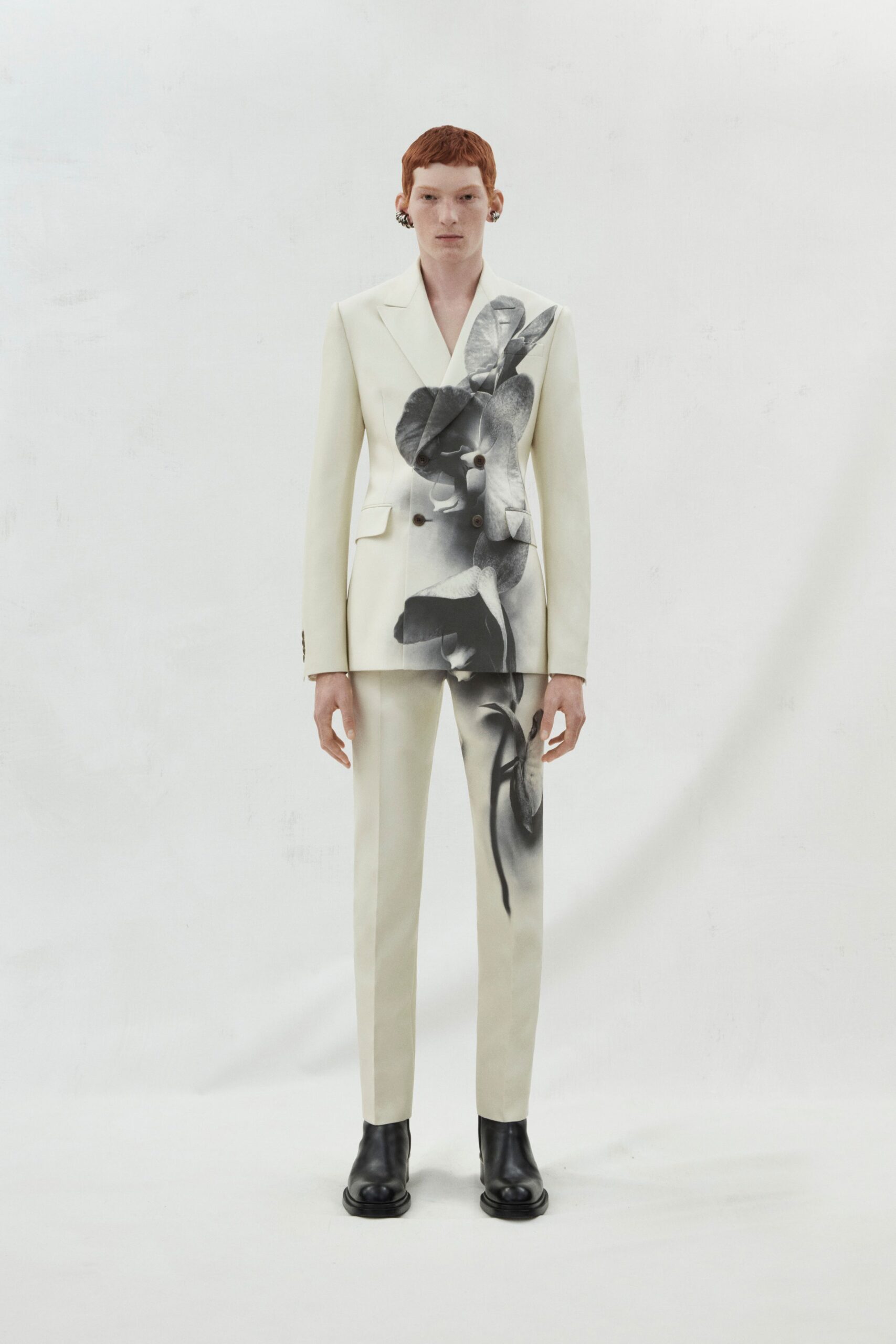 white tailored suit with printed detail