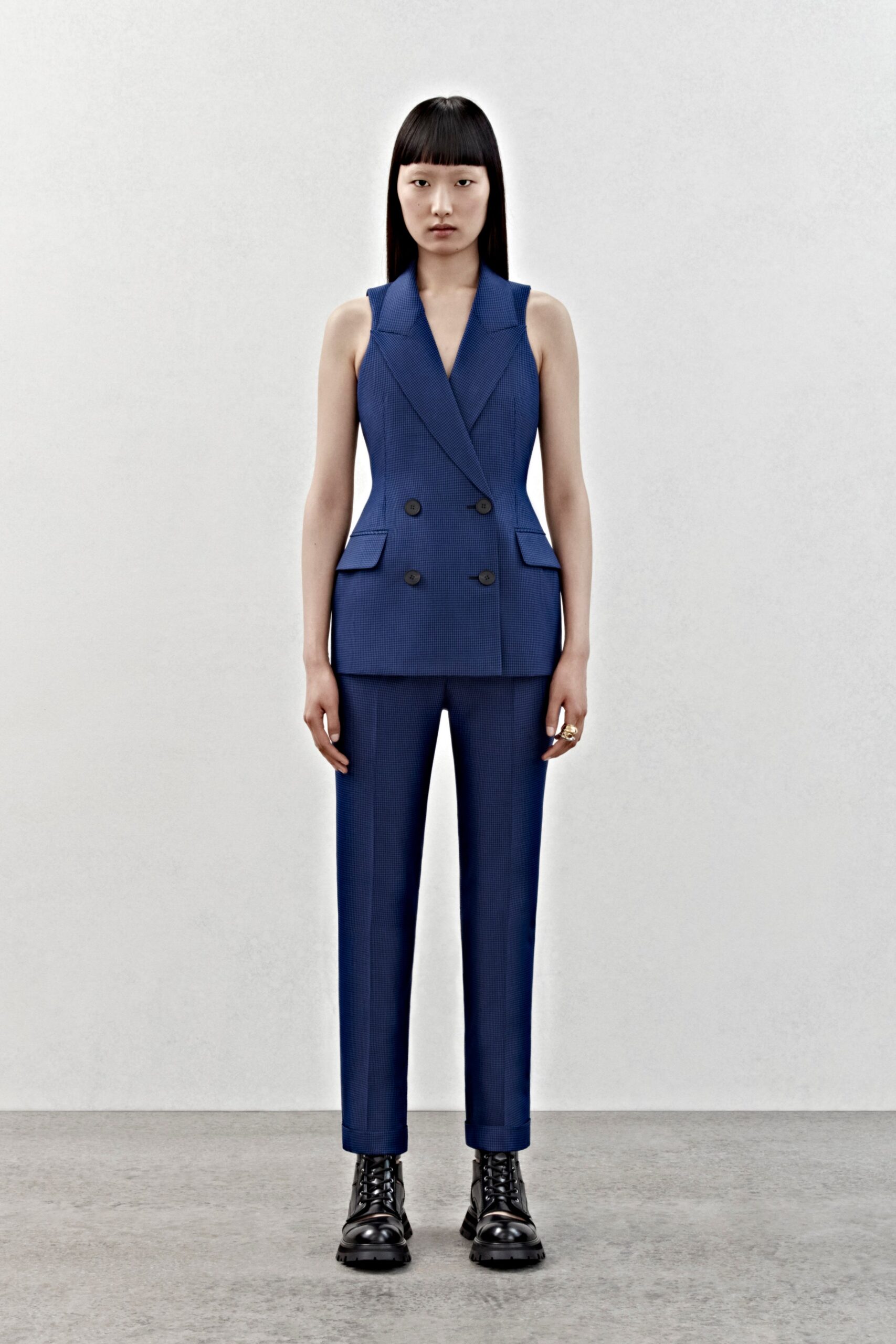 blue fitted blazer and tailored pants