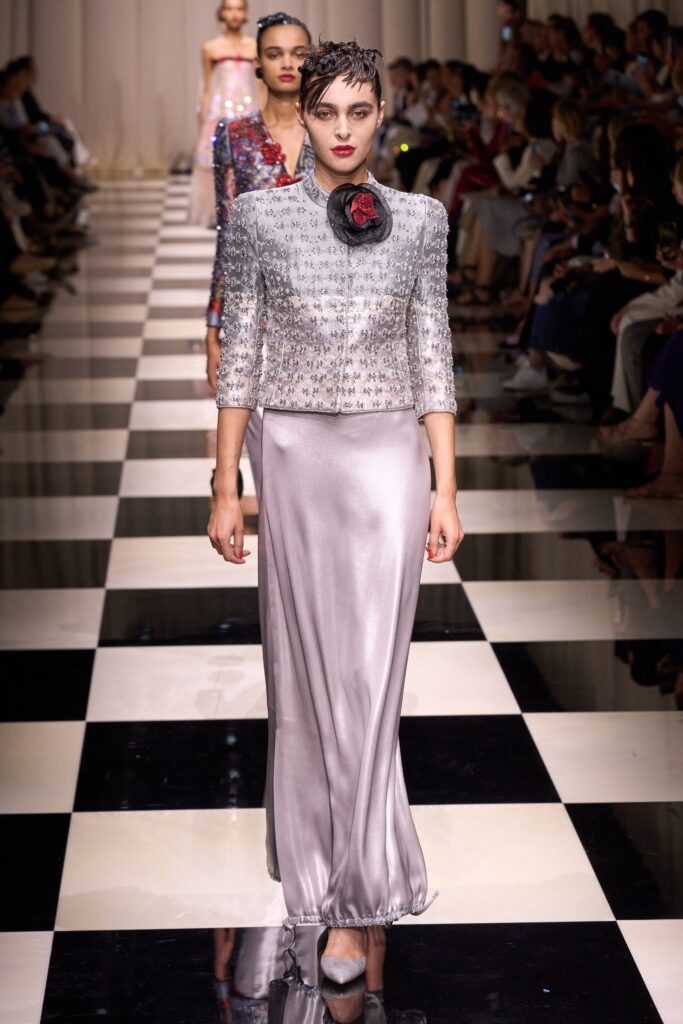 silver beaded gown and blazer