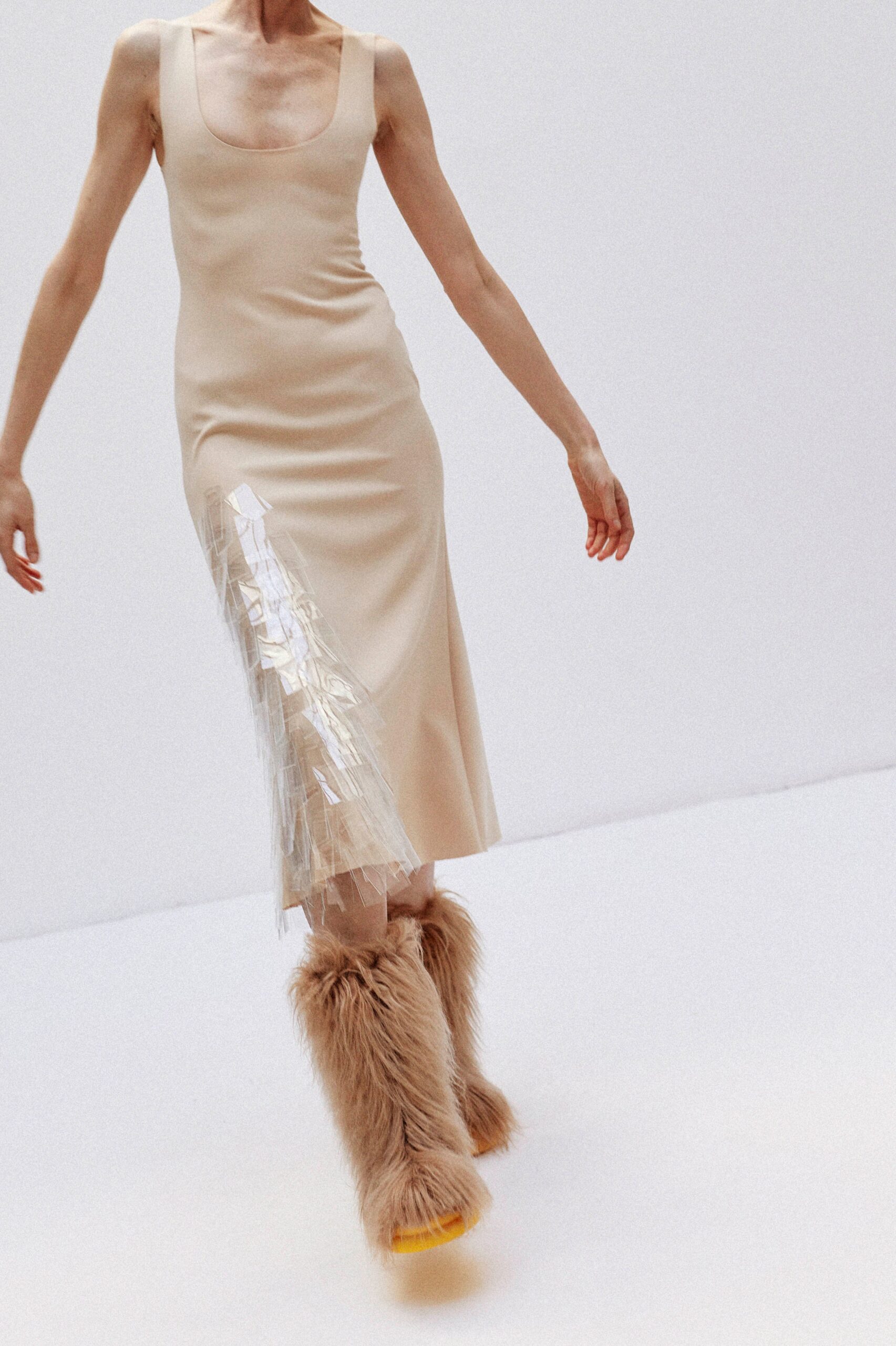 beige silk sleeveless scoop-neck fitted draped shiny dress