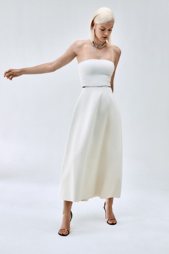 white strapless midi dress