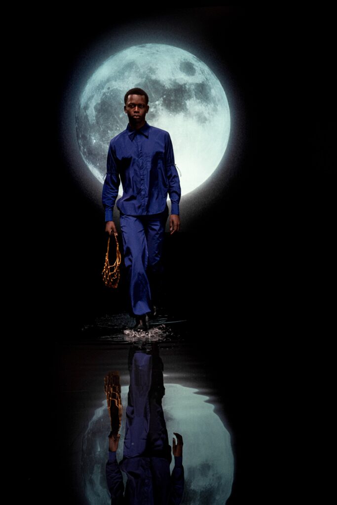 blue silk fitted shirt and pants