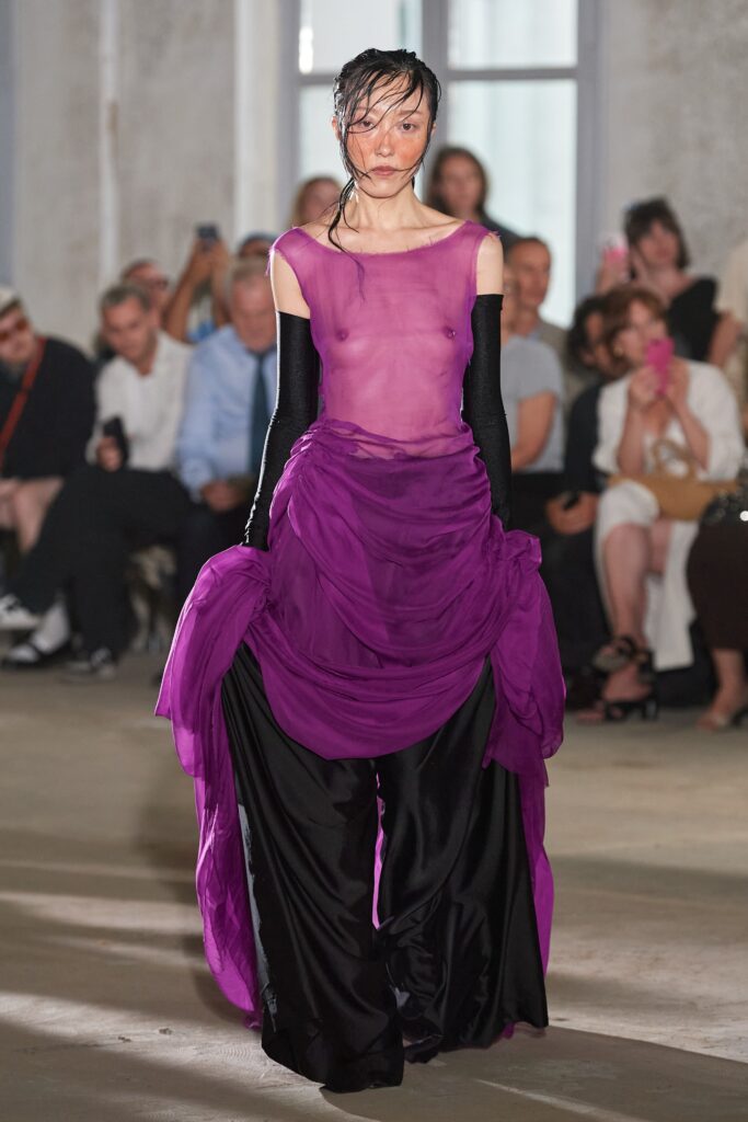 purple chiffon maxi dress with gloves