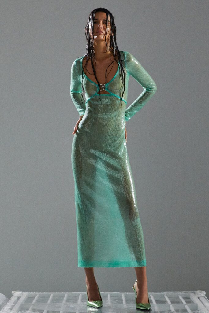 fitted green mesh gown