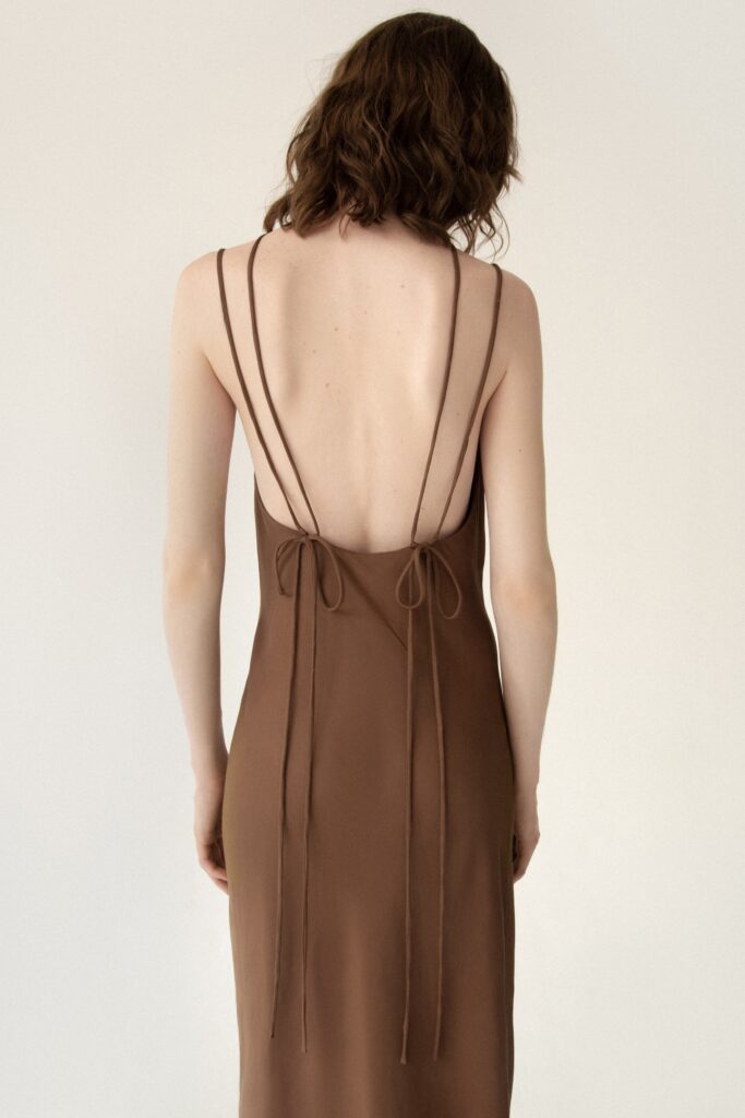 fitted brown silk backless dress